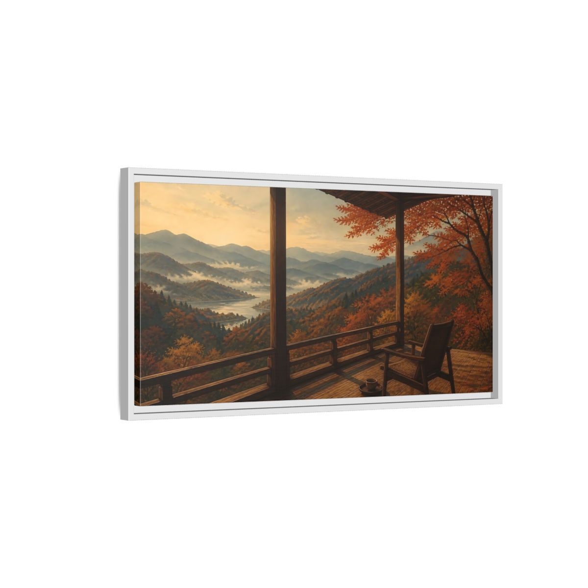 Side Mockup 1. Veranda Over Autumn Hills shown as framed canvas print