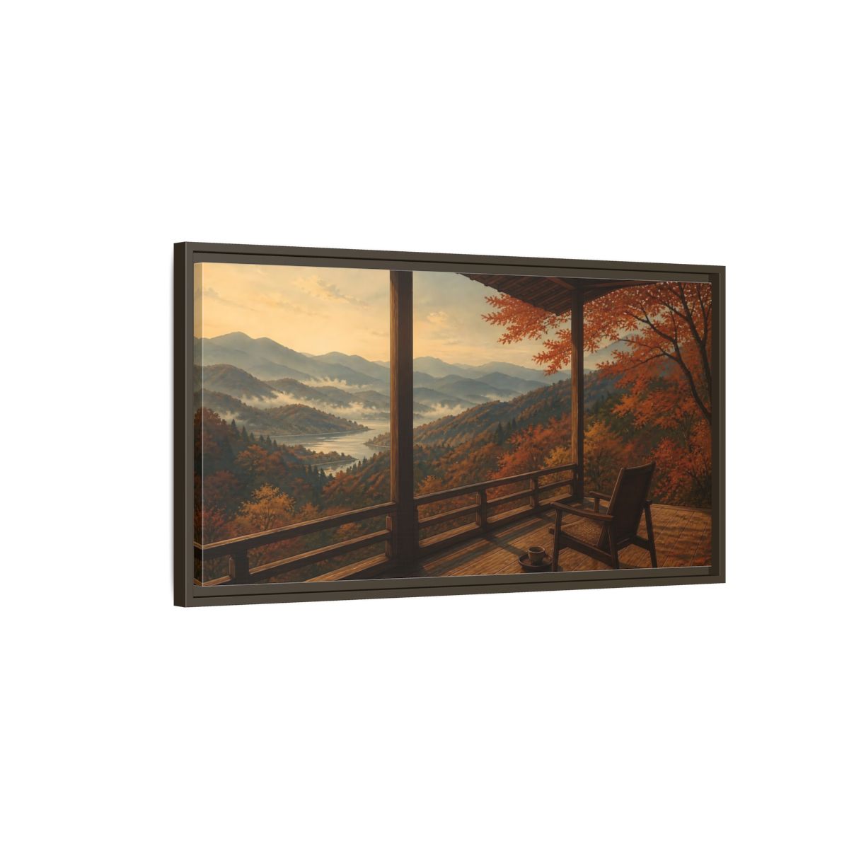Main Mockup. Veranda Over Autumn Hills shown as framed canvas print