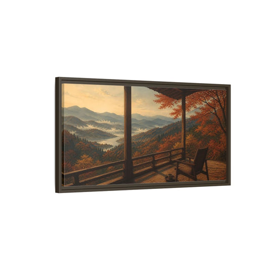 Main Mockup. Veranda Over Autumn Hills shown as framed canvas print