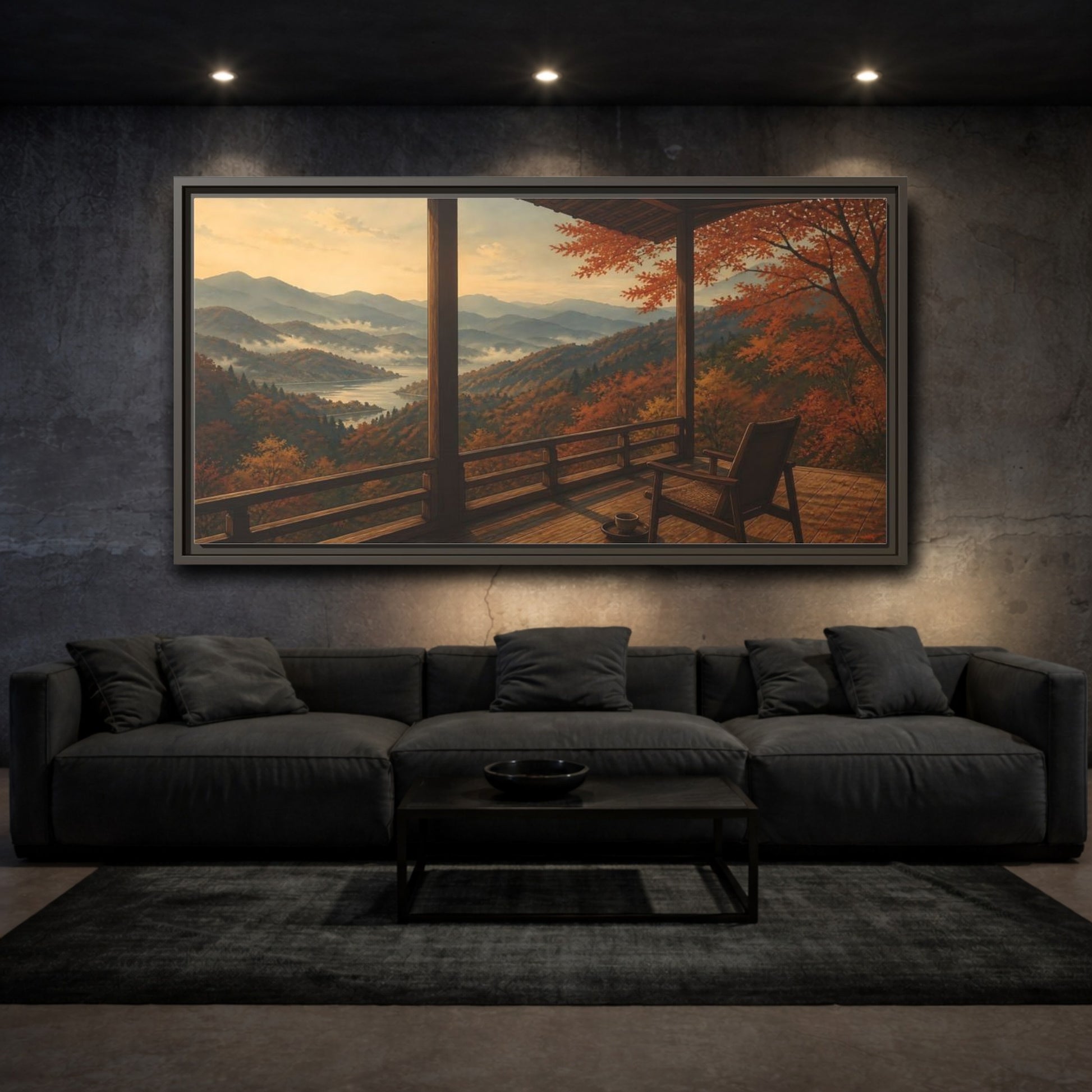 Mockup 3. Veranda Over Autumn Hills shown as framed canvas print