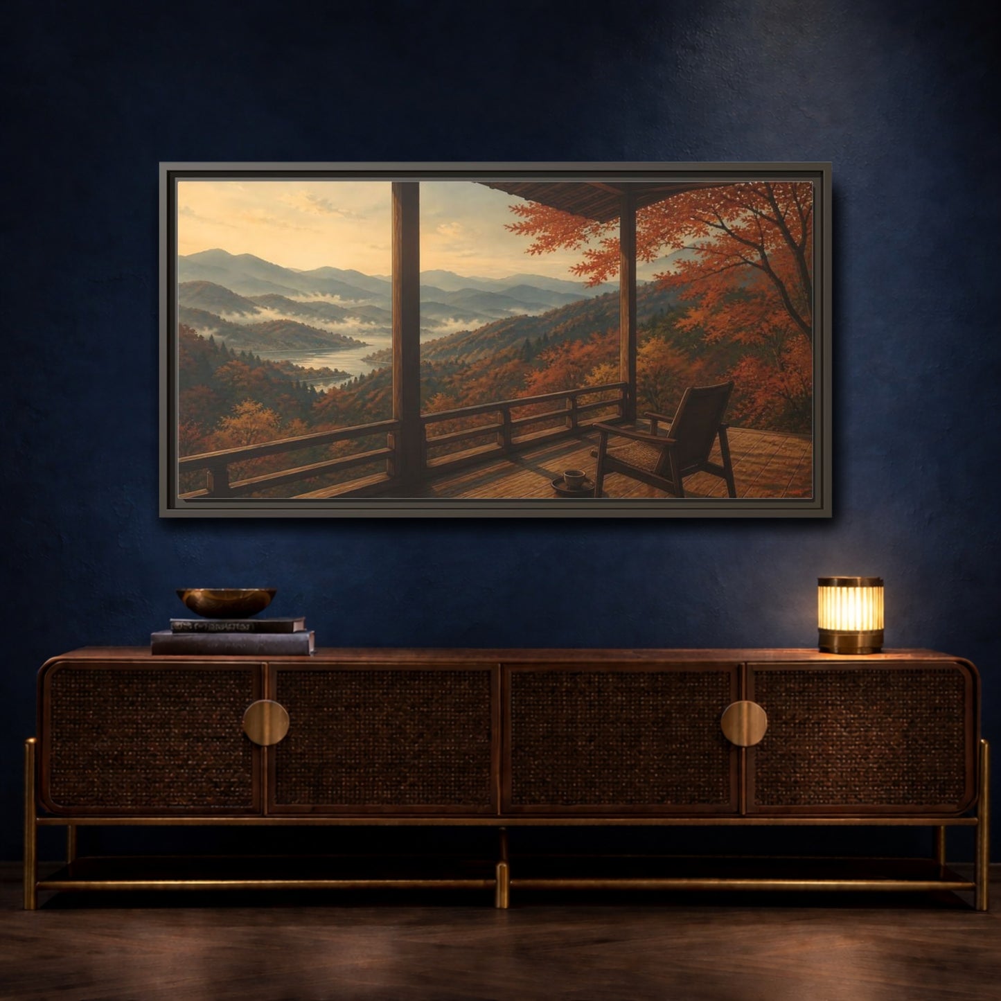 Mockup 4. Veranda Over Autumn Hills shown as framed canvas print