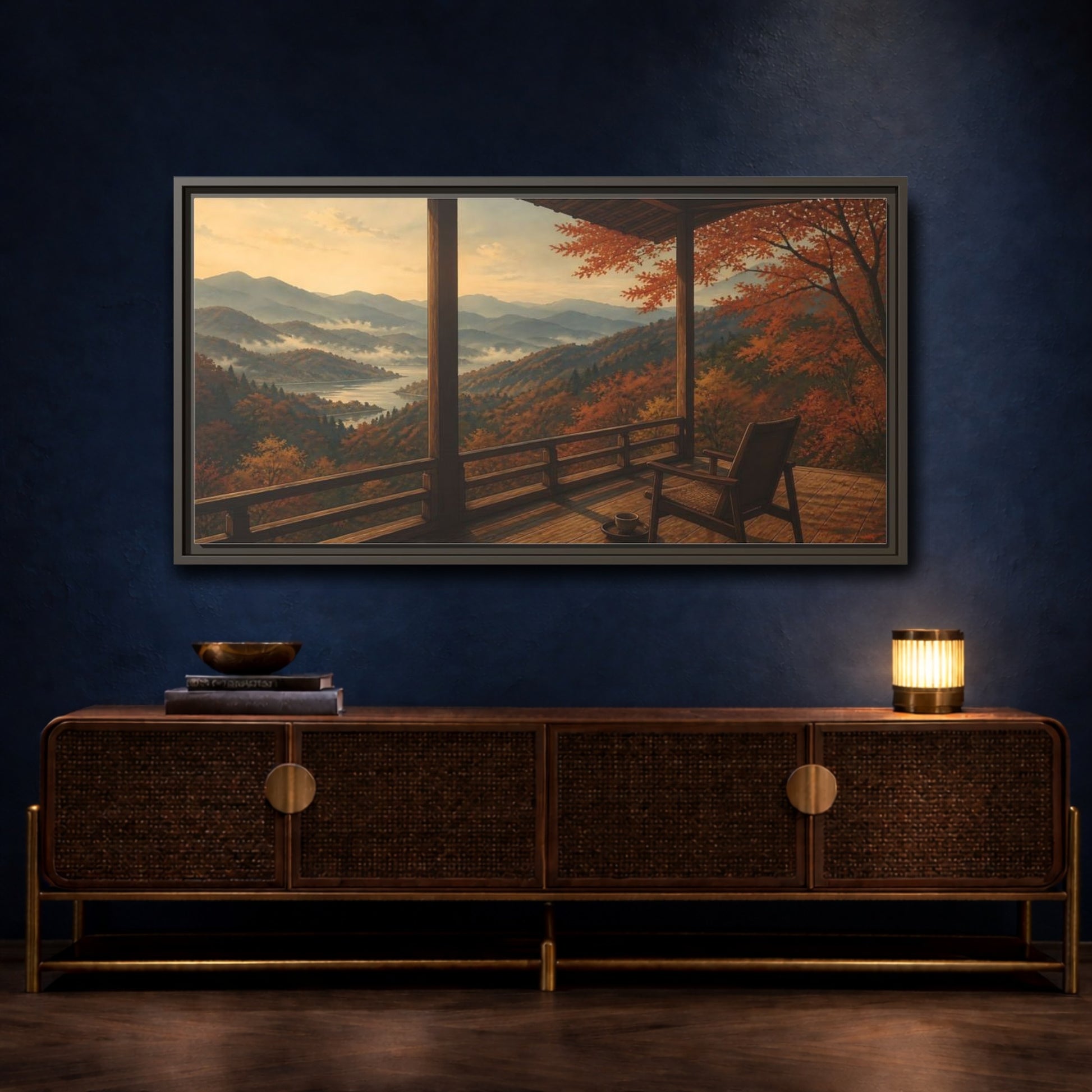 Mockup 4. Veranda Over Autumn Hills shown as framed canvas print