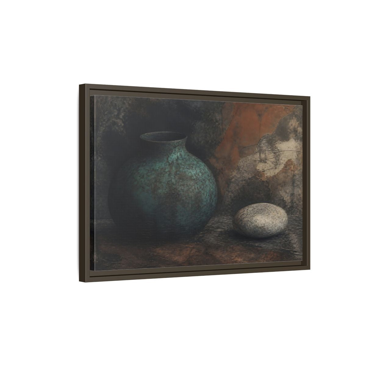 Side Mockup 2. Verdigris Vessel With Stone shown as framed canvas print