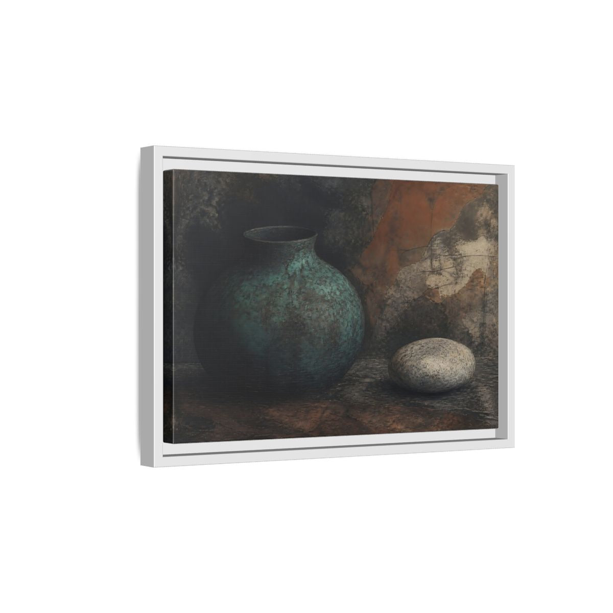 Side Mockup 4. Verdigris Vessel With Stone shown as framed canvas print