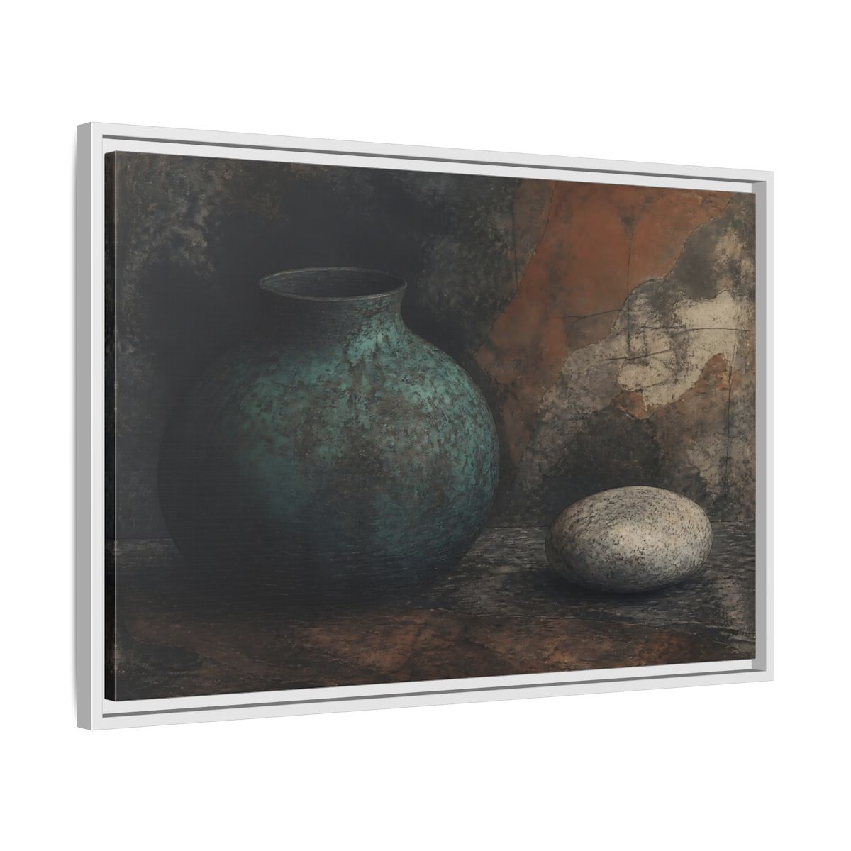 Side Mockup 10. Verdigris Vessel With Stone shown as framed canvas print