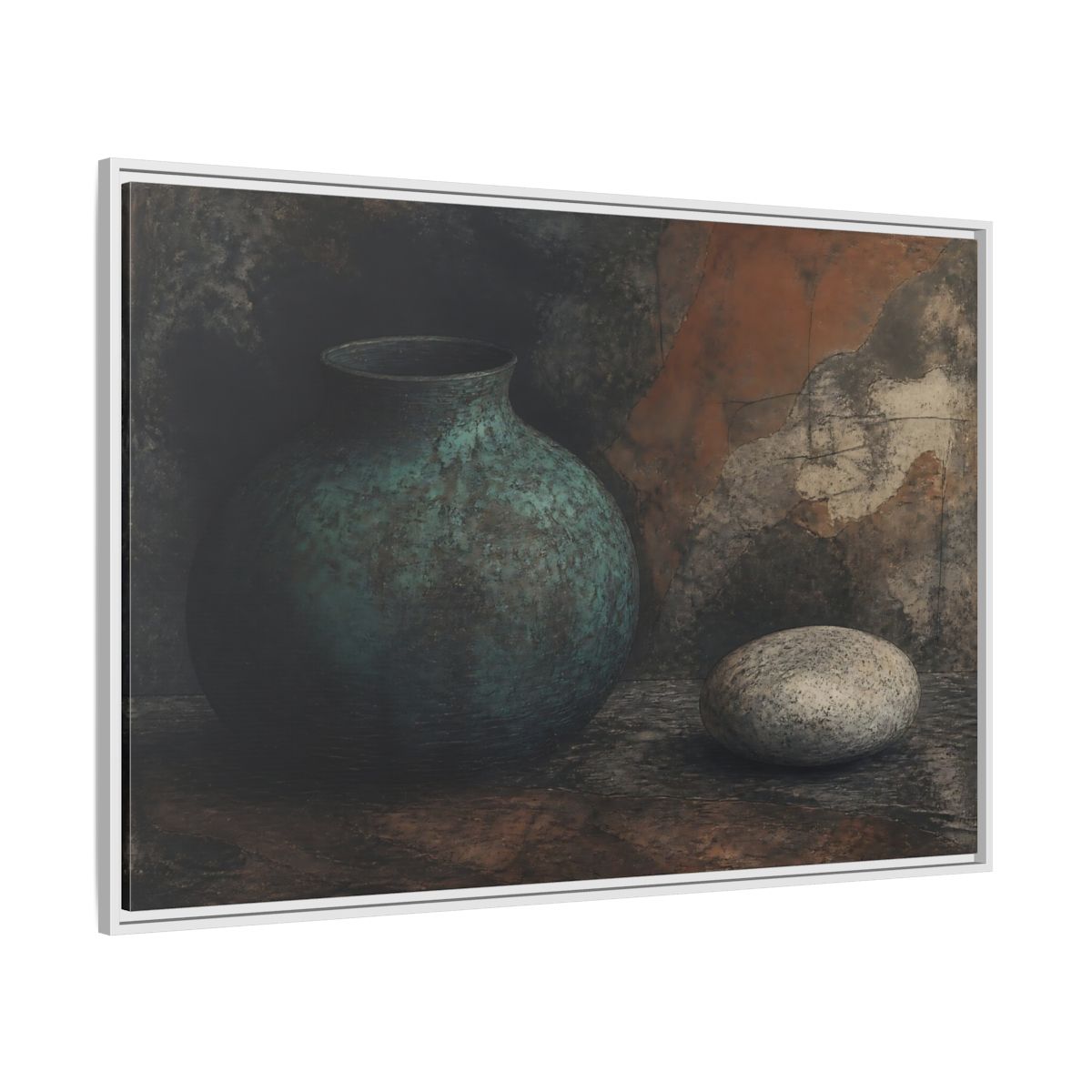 Side Mockup 7. Verdigris Vessel With Stone shown as framed canvas print