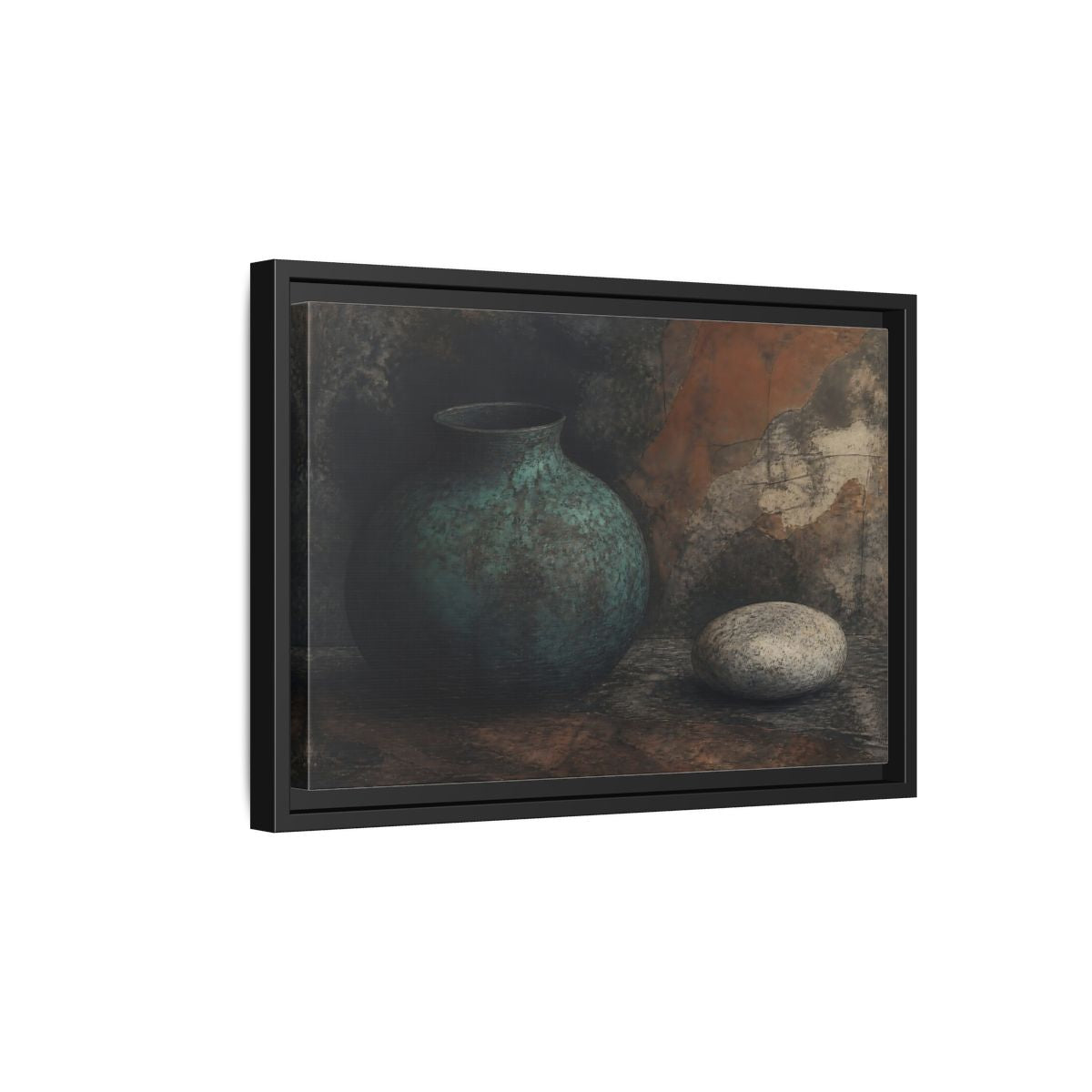 Side Mockup 6. Verdigris Vessel With Stone shown as framed canvas print