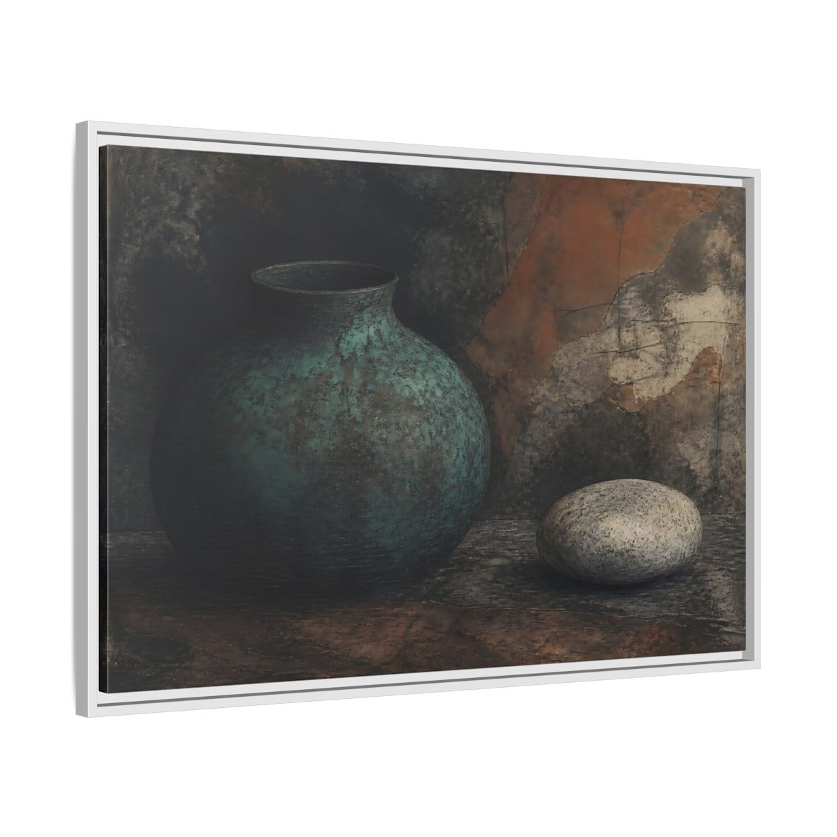 Side Mockup 9. Verdigris Vessel With Stone shown as framed canvas print