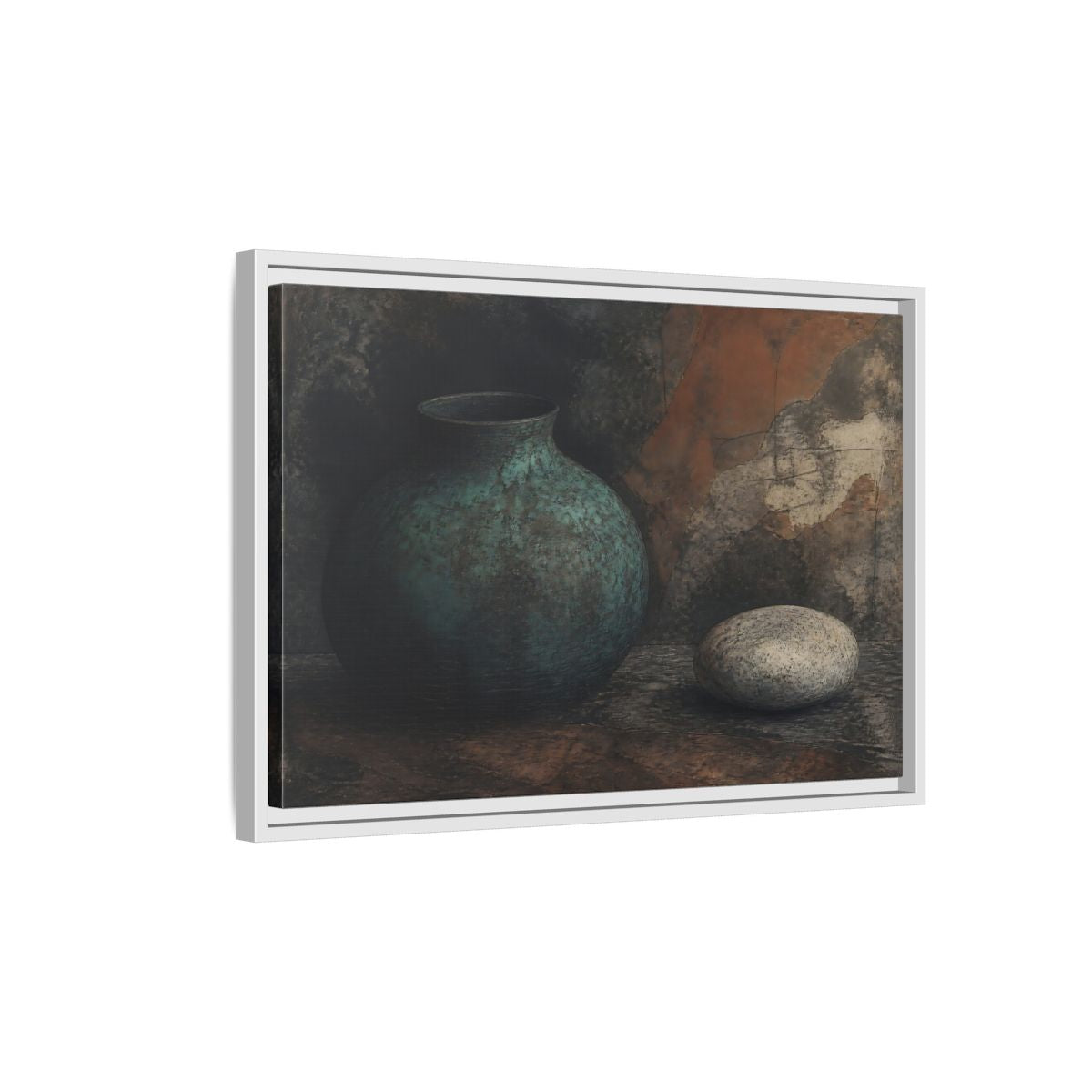 Side Mockup 1. Verdigris Vessel With Stone shown as framed canvas print