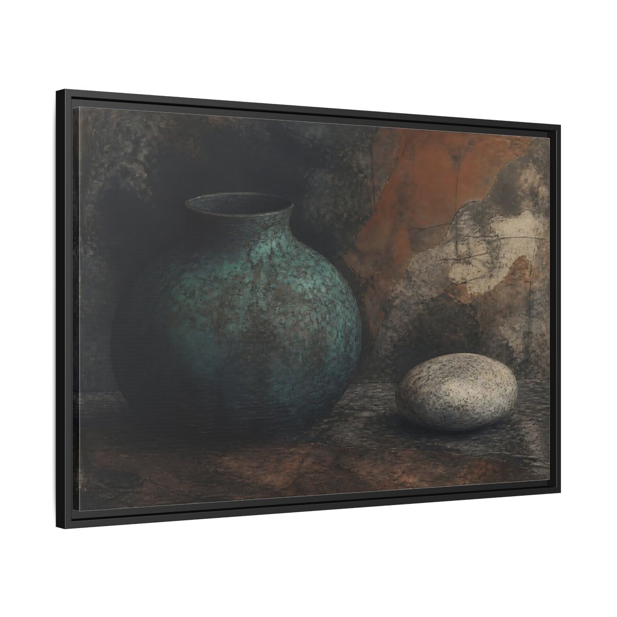 Side Mockup 13. Verdigris Vessel With Stone shown as framed canvas print