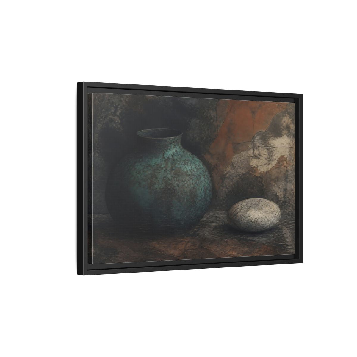 Side Mockup 3. Verdigris Vessel With Stone shown as framed canvas print