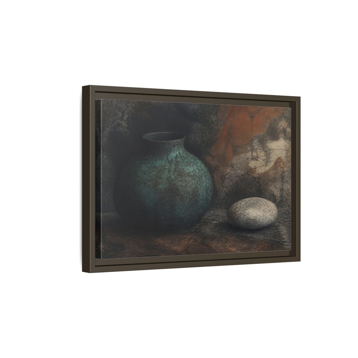 Side Mockup 5. Verdigris Vessel With Stone shown as framed canvas print