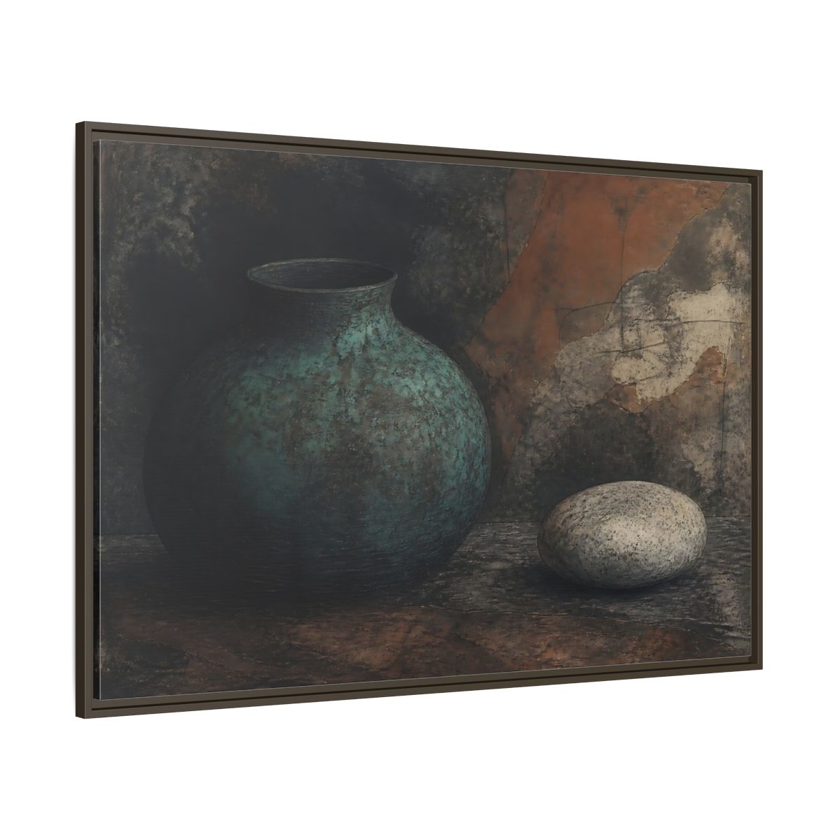 Side Mockup 8. Verdigris Vessel With Stone shown as framed canvas print