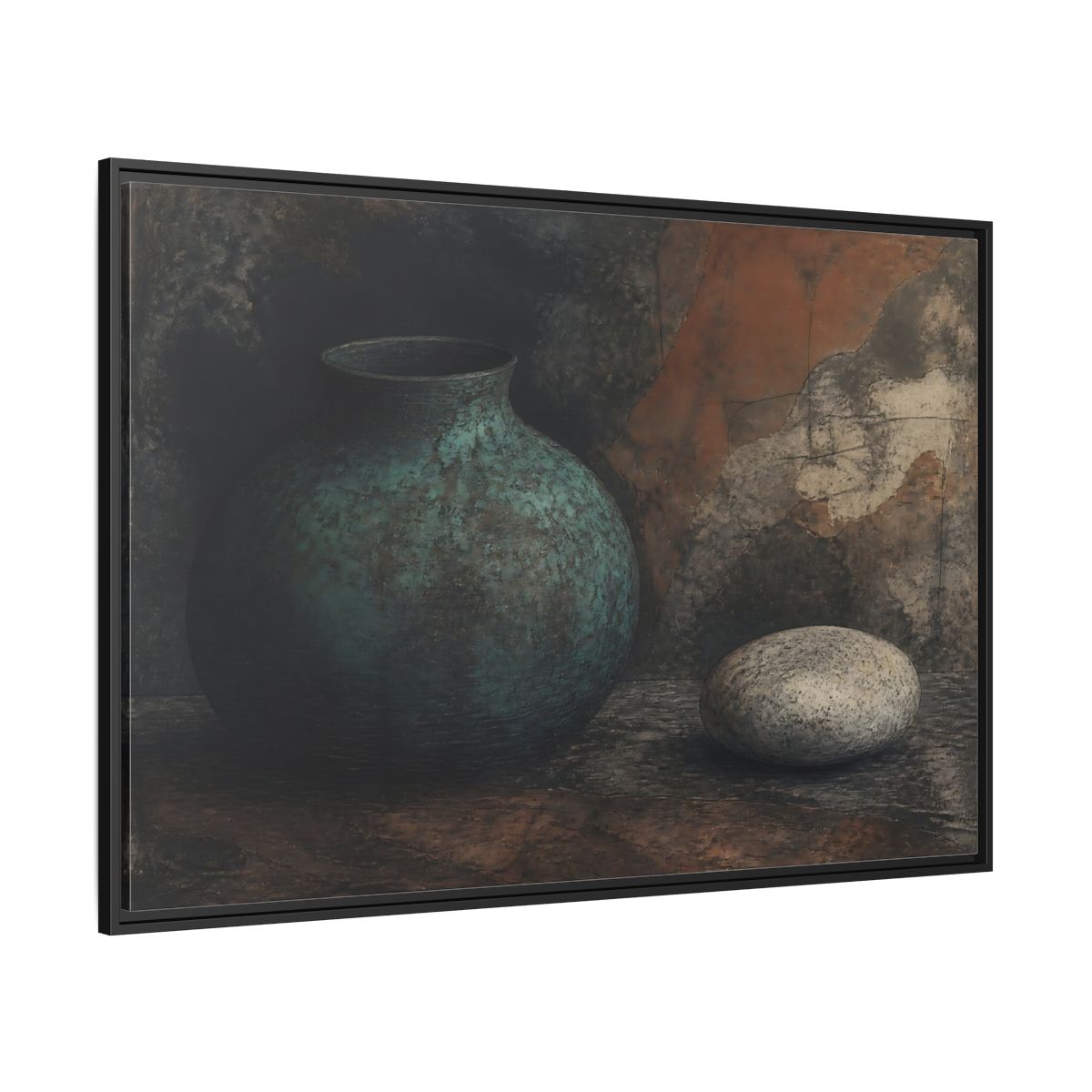 Side Mockup 12. Verdigris Vessel With Stone shown as framed canvas print