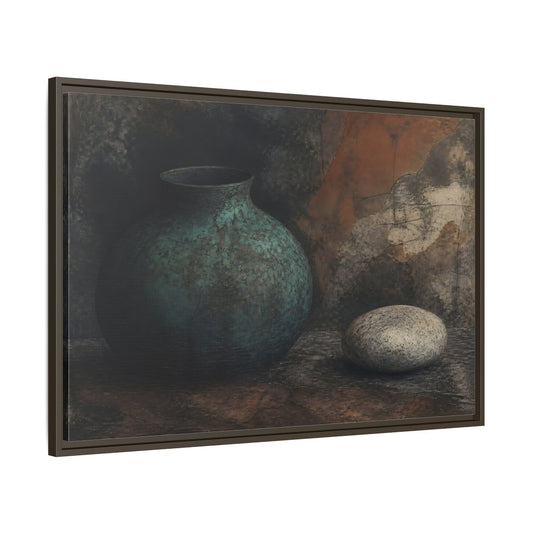 Main Mockup. Verdigris Vessel With Stone shown as framed canvas print