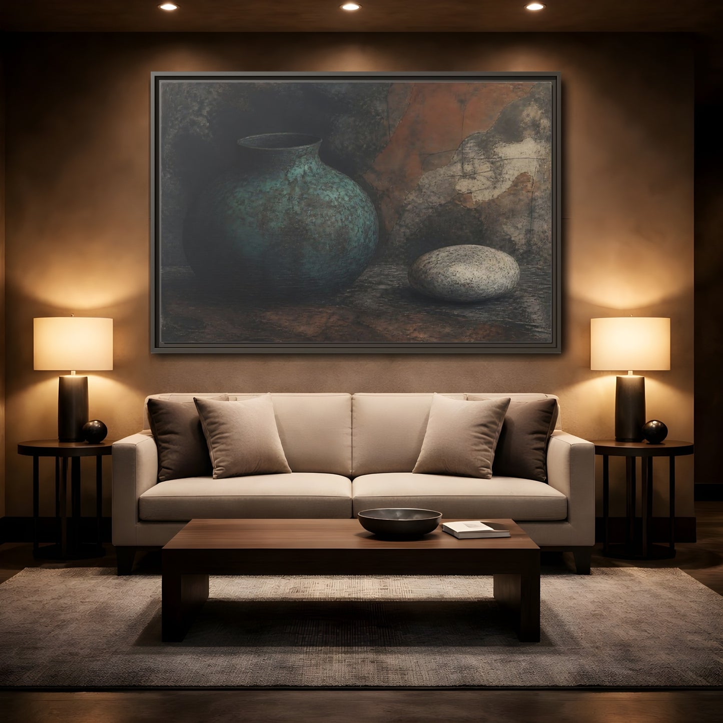 Mockup 2. Verdigris Vessel With Stone shown as framed canvas print