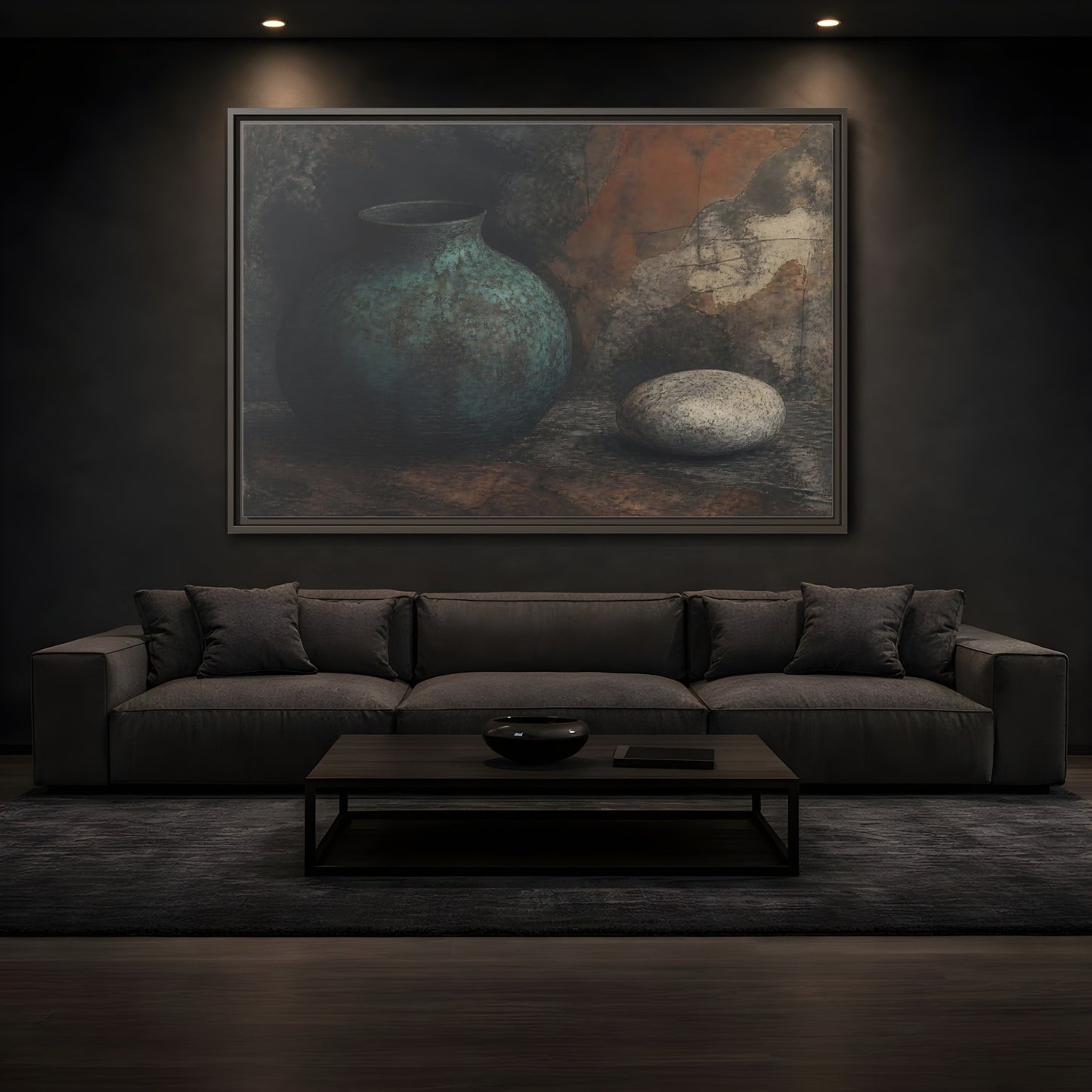Mockup 3. Verdigris Vessel With Stone shown as framed canvas print