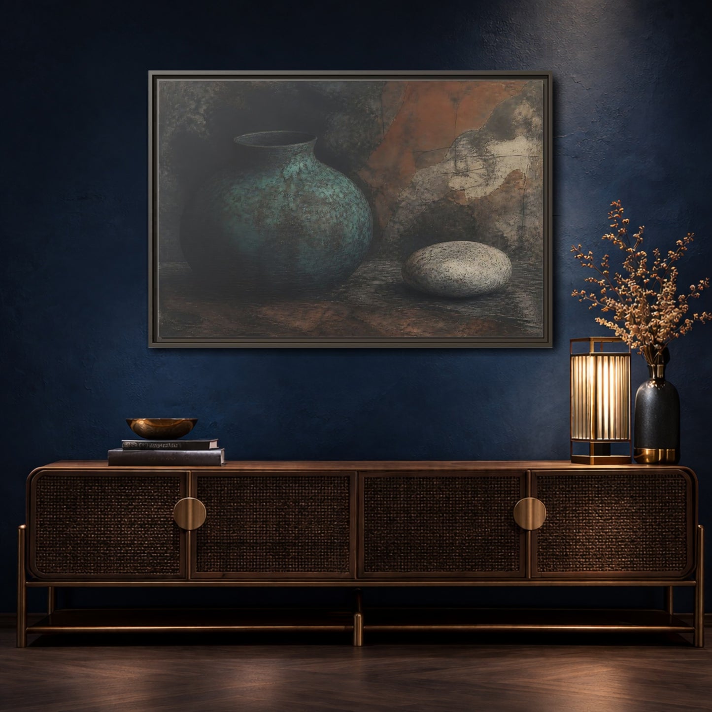 Mockup 4. Verdigris Vessel With Stone shown as framed canvas print