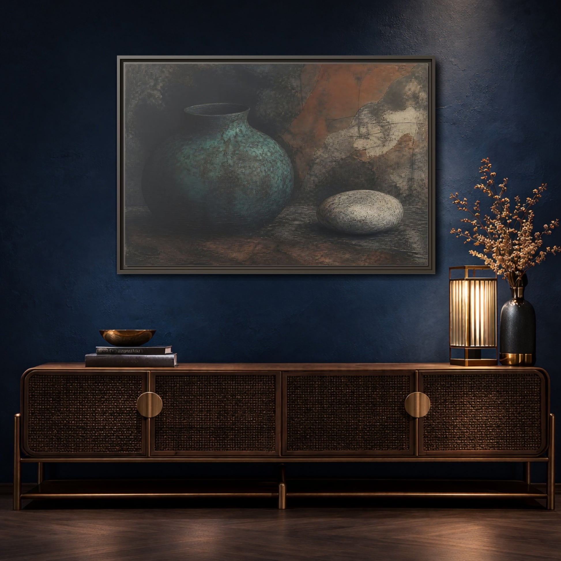 Mockup 4. Verdigris Vessel With Stone shown as framed canvas print