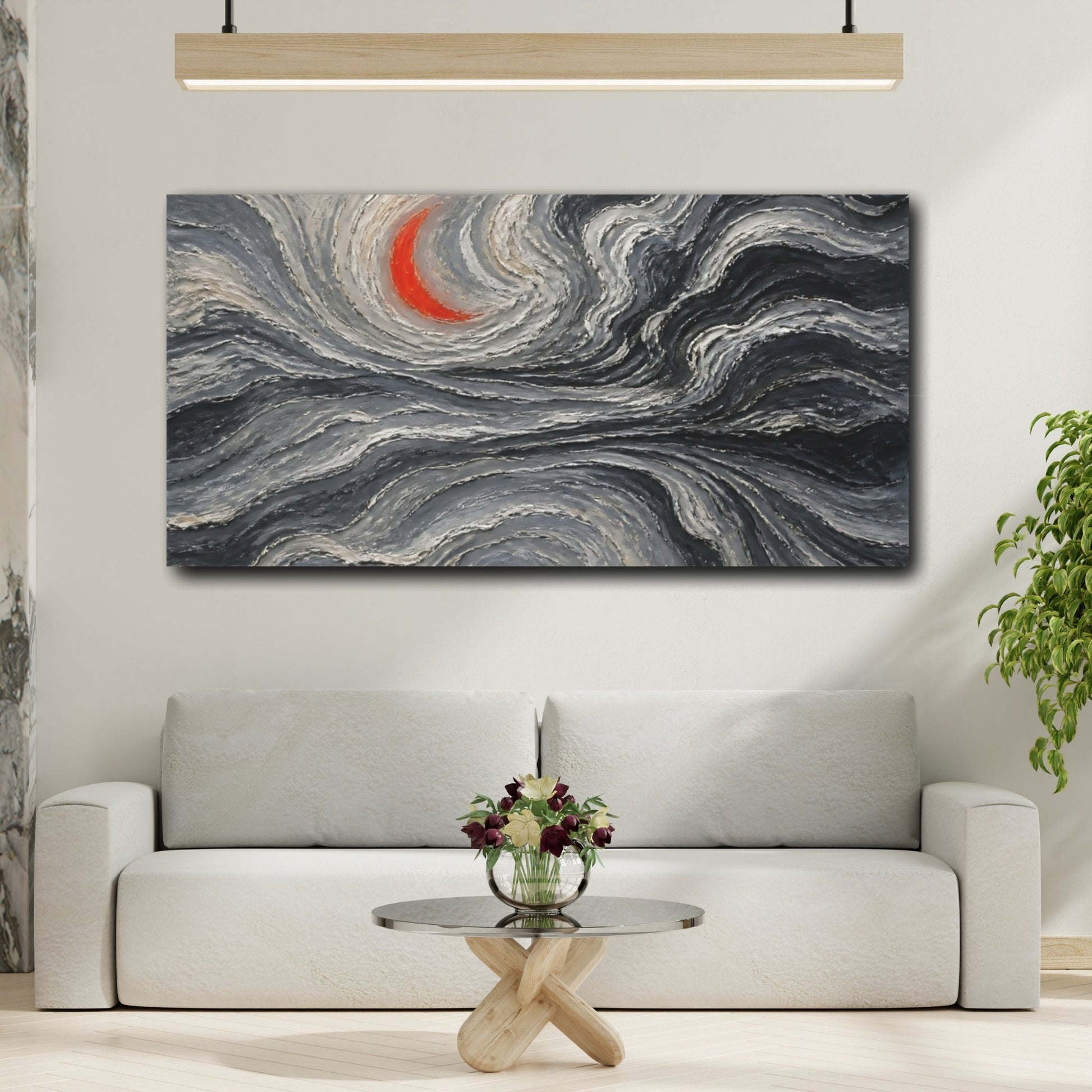 Mockup 2. Vermilion Crescent Waves shown as canvas print