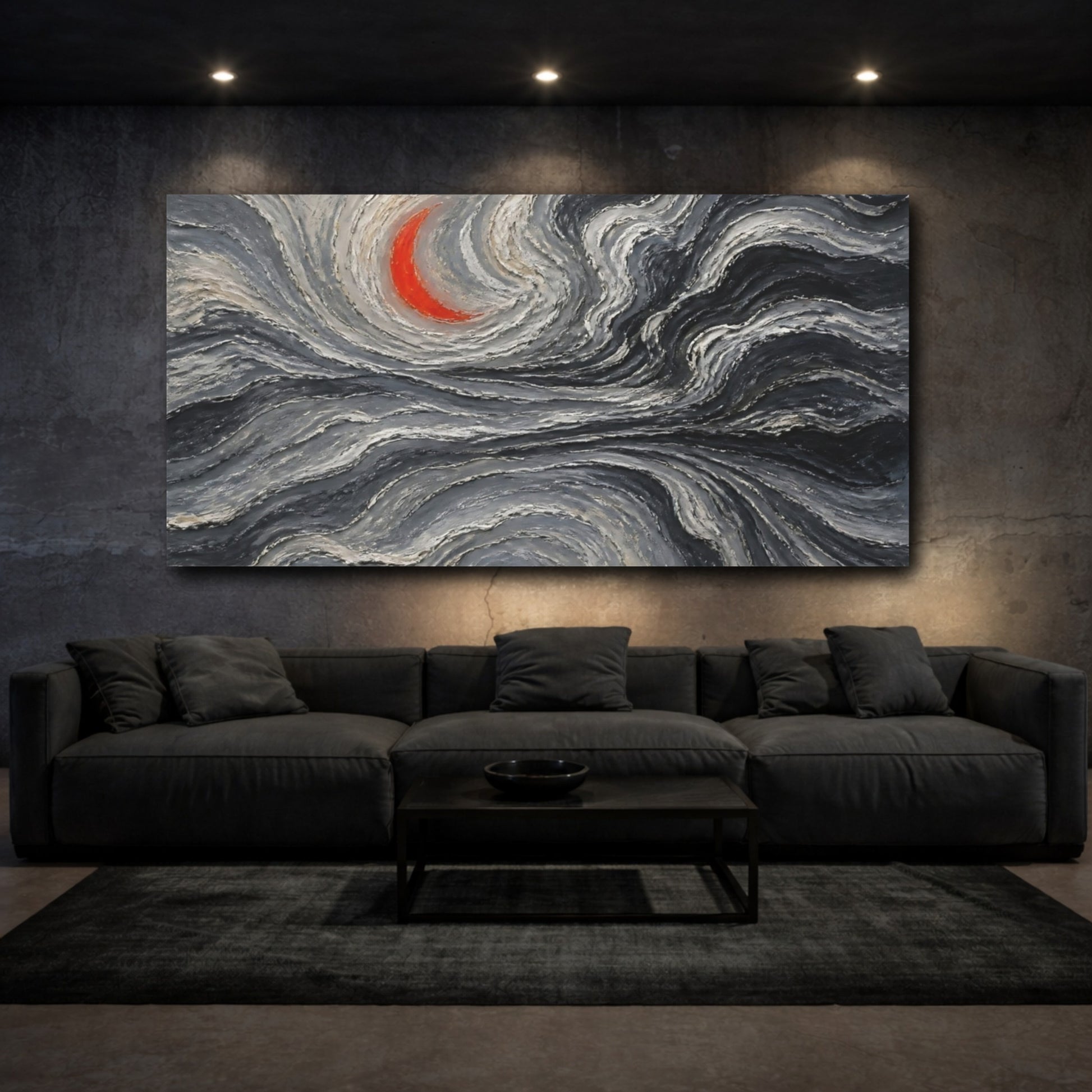 Mockup 3. Vermilion Crescent Waves shown as canvas print