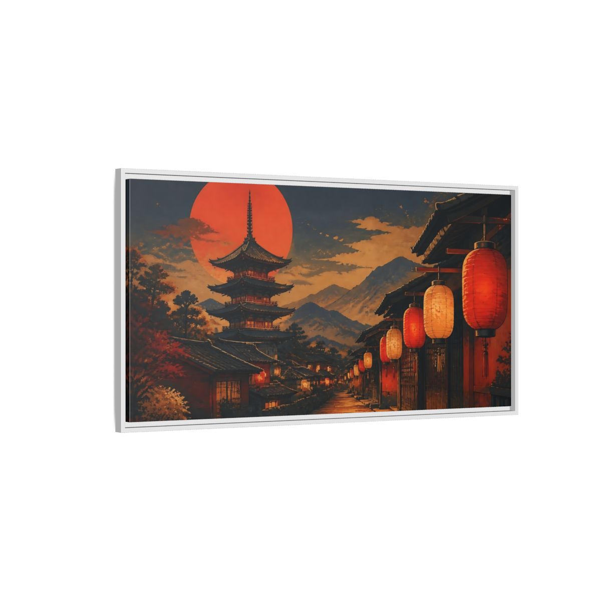Side Mockup 3. Vermilion Lantern Lane shown as framed canvas print