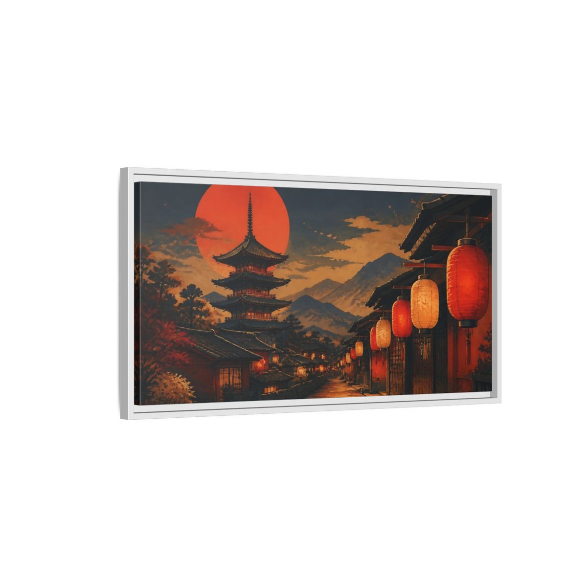 Side Mockup 1. Vermilion Lantern Lane shown as framed canvas print