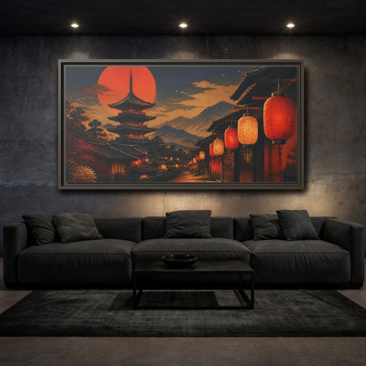 Mockup 3. Vermilion Lantern Lane shown as framed canvas print