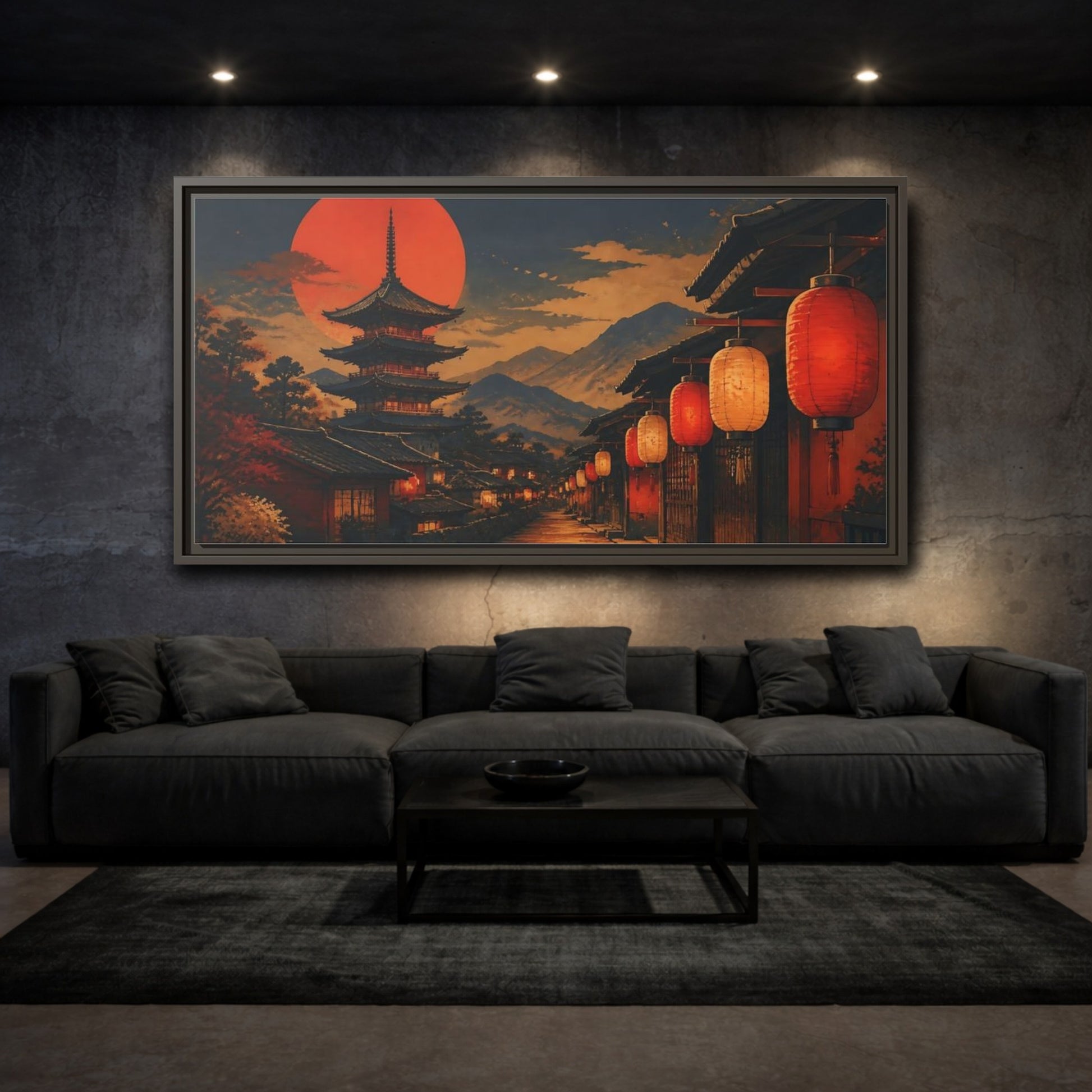 Mockup 3. Vermilion Lantern Lane shown as framed canvas print