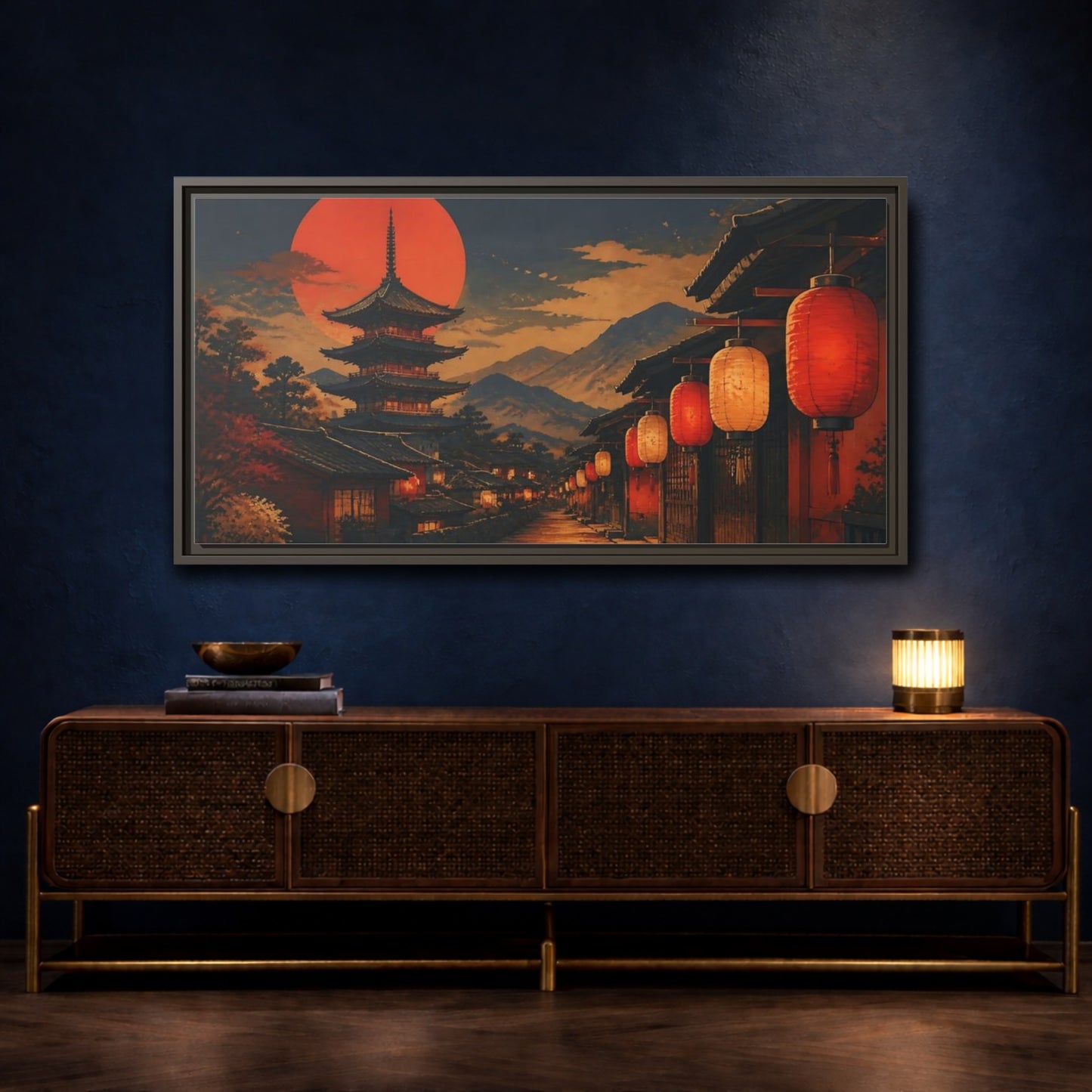 Mockup 4. Vermilion Lantern Lane shown as framed canvas print