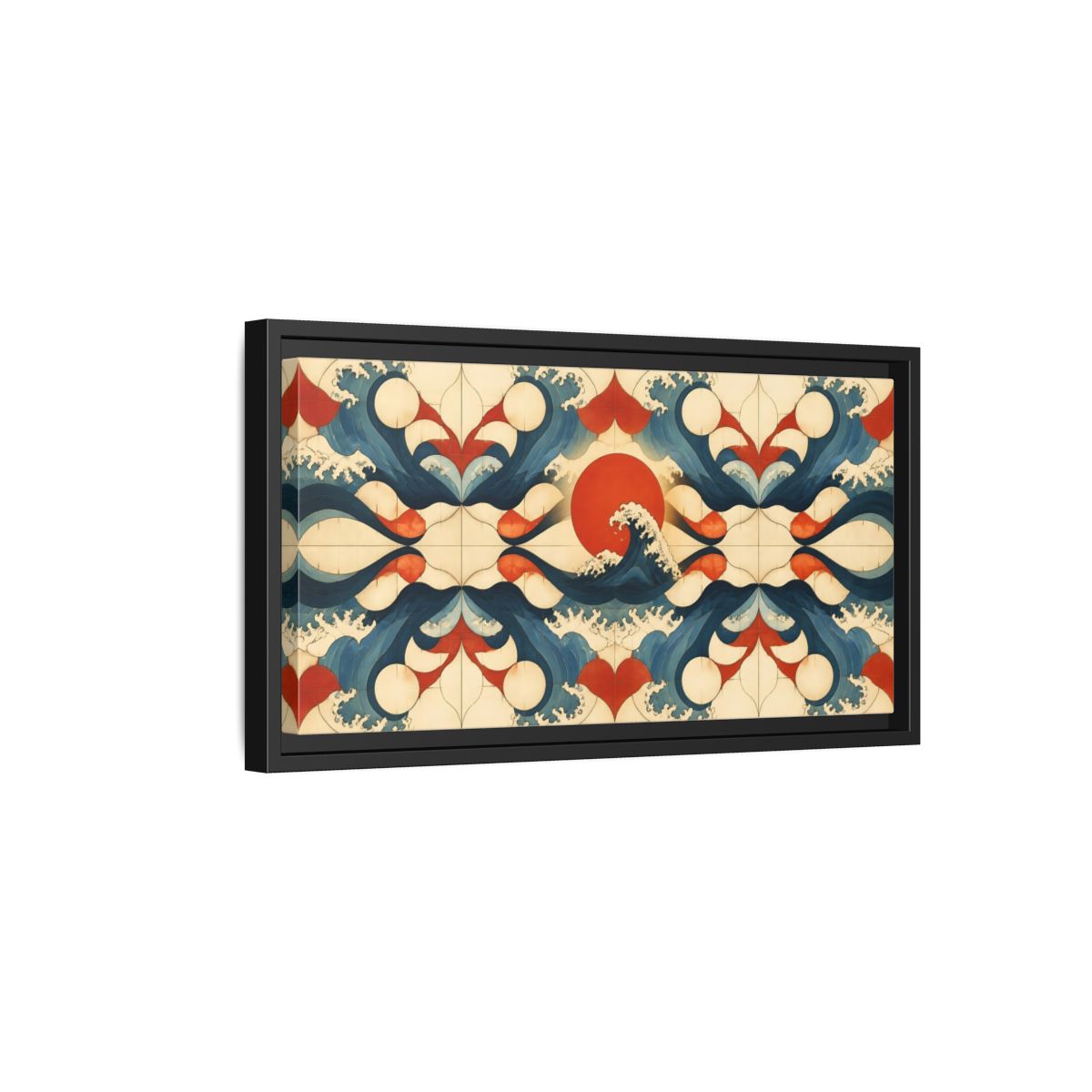 Side Mockup 8. Vermilion Sun And Waves shown as framed canvas print