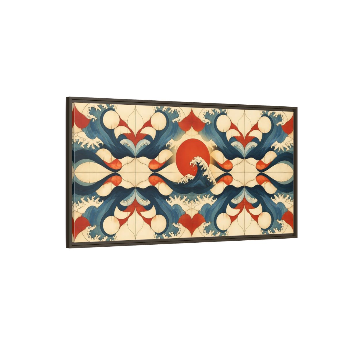 Side Mockup 4. Vermilion Sun And Waves shown as framed canvas print