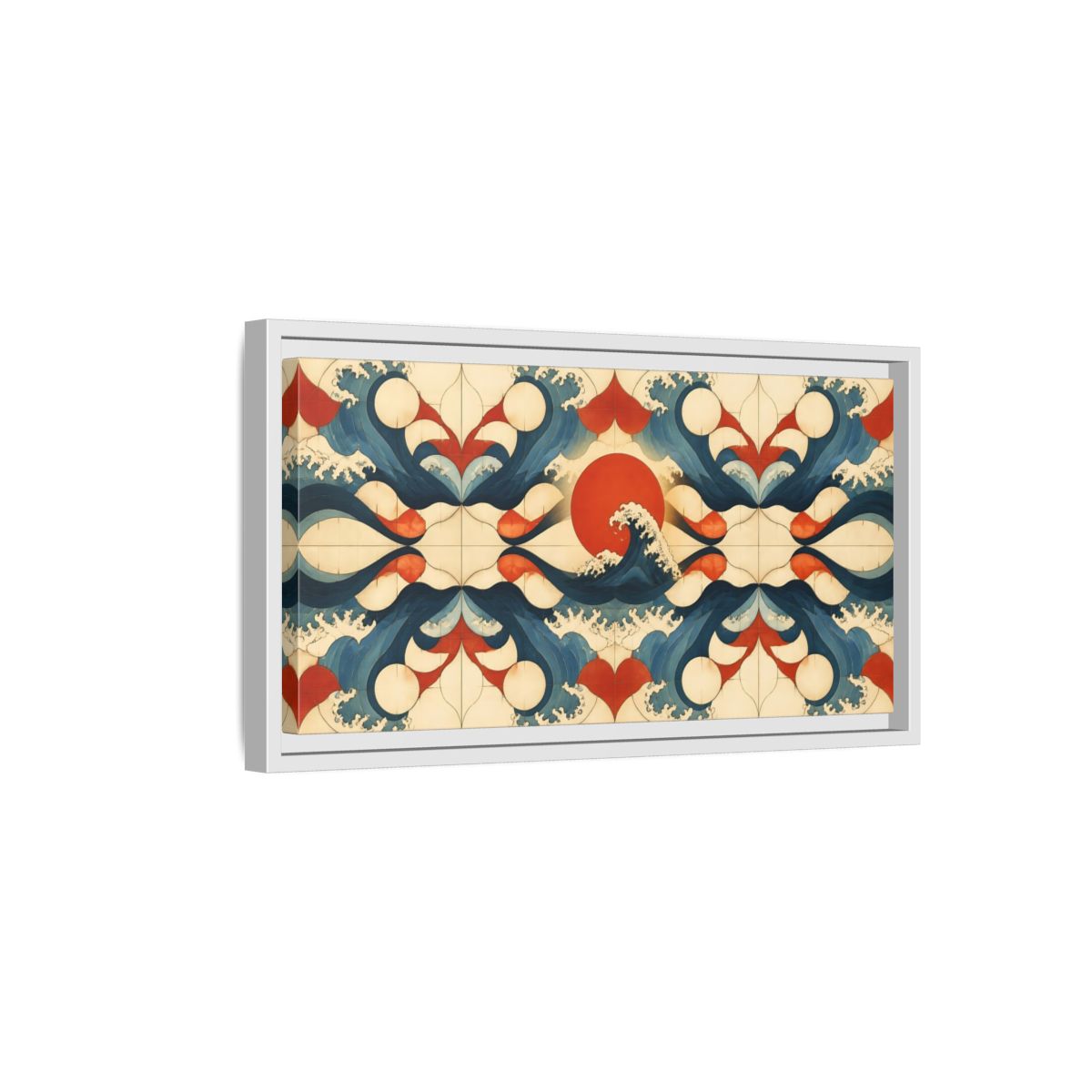 Side Mockup 6. Vermilion Sun And Waves shown as framed canvas print