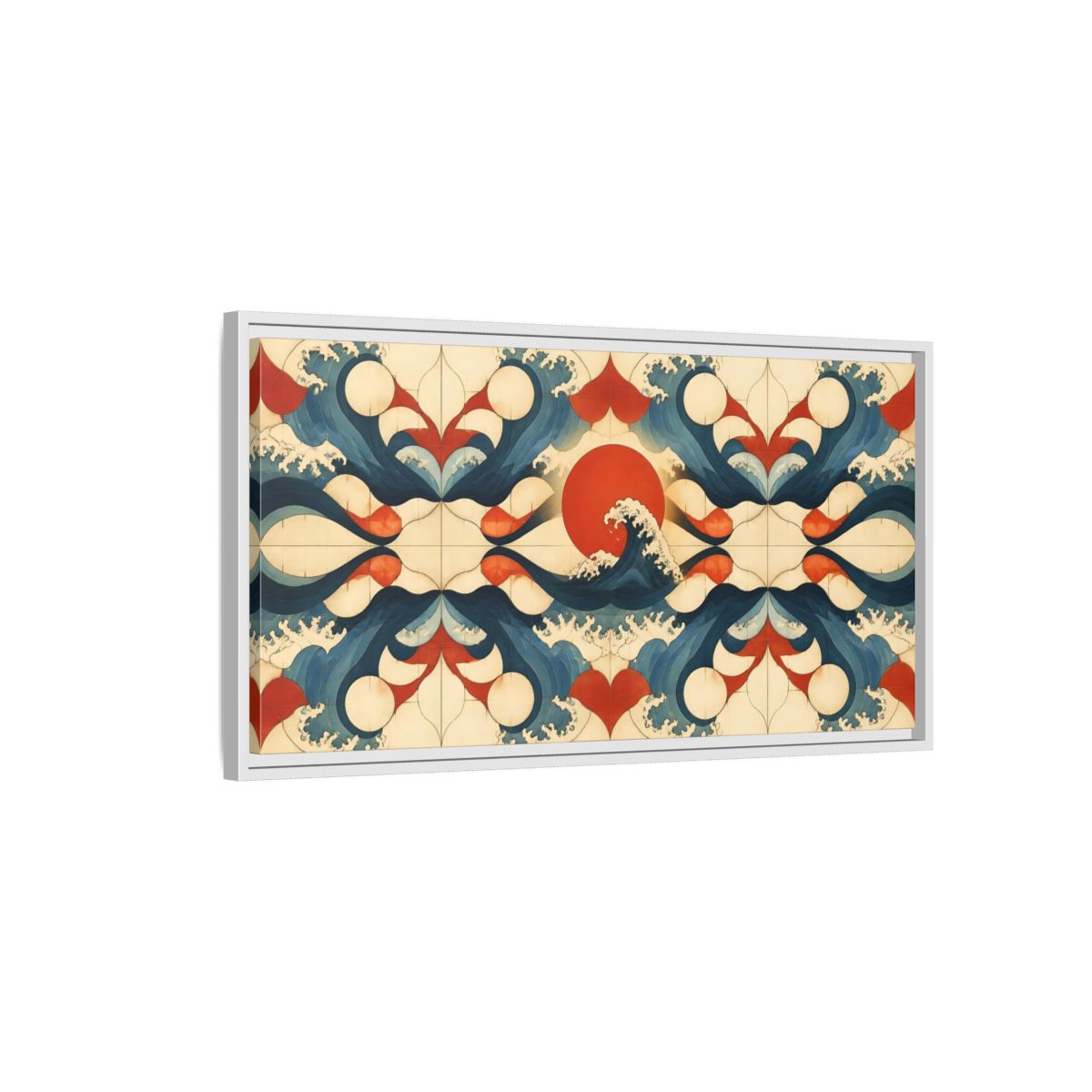 Side Mockup 1. Vermilion Sun And Waves shown as framed canvas print
