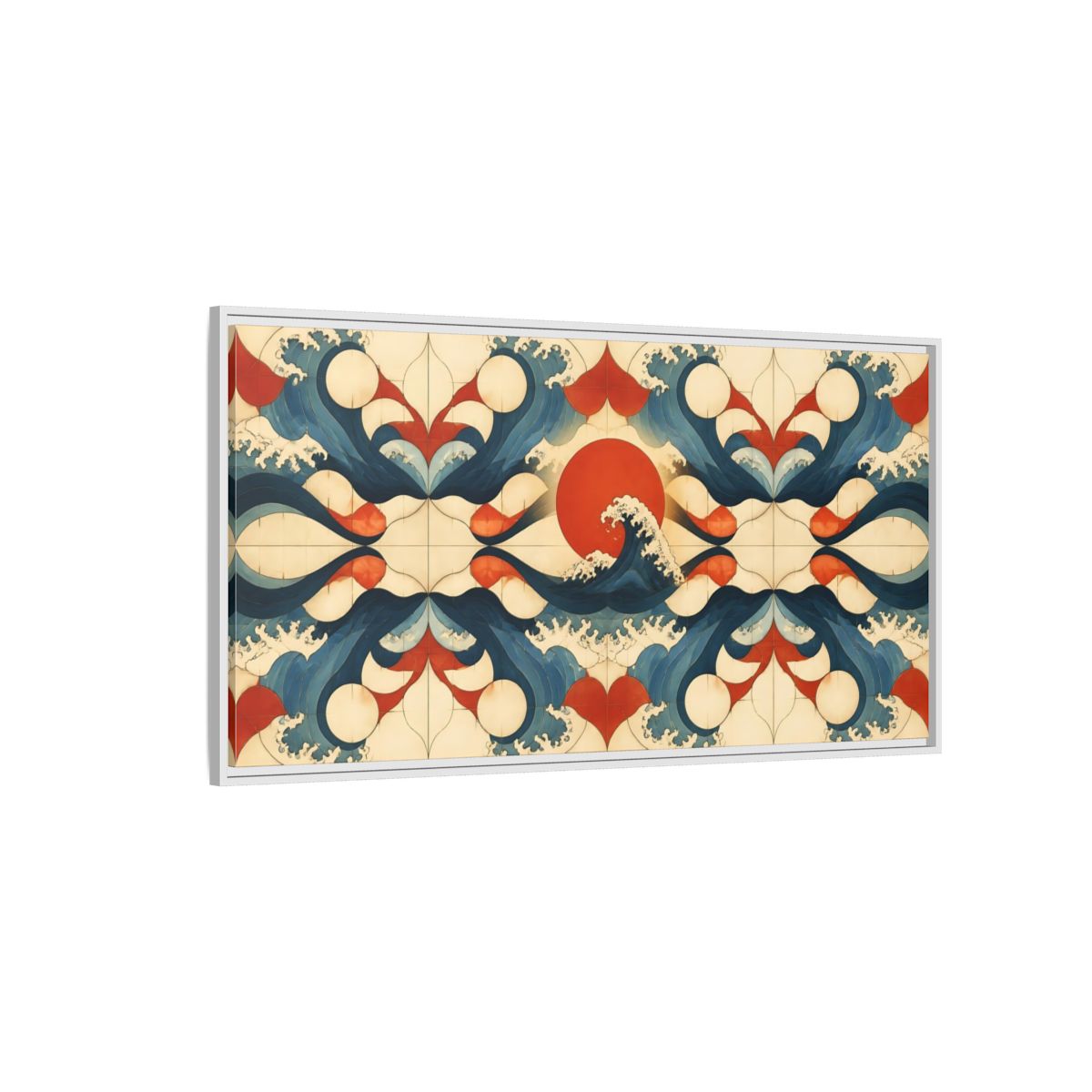 Side Mockup 3. Vermilion Sun And Waves shown as framed canvas print