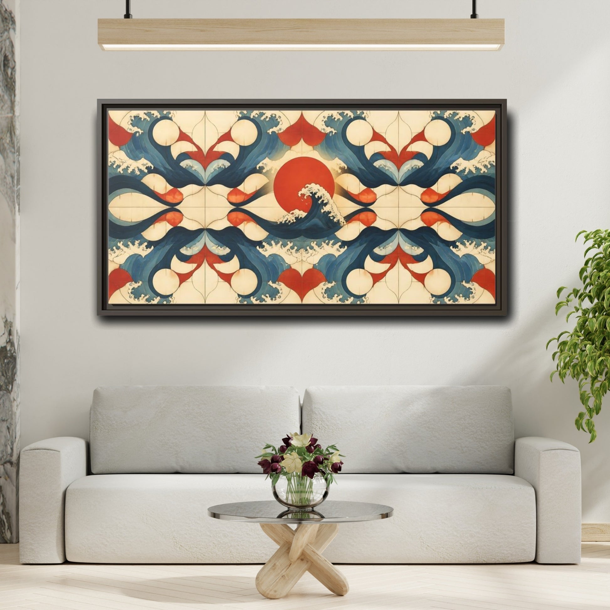 Mockup 2. Vermilion Sun And Waves shown as framed canvas print