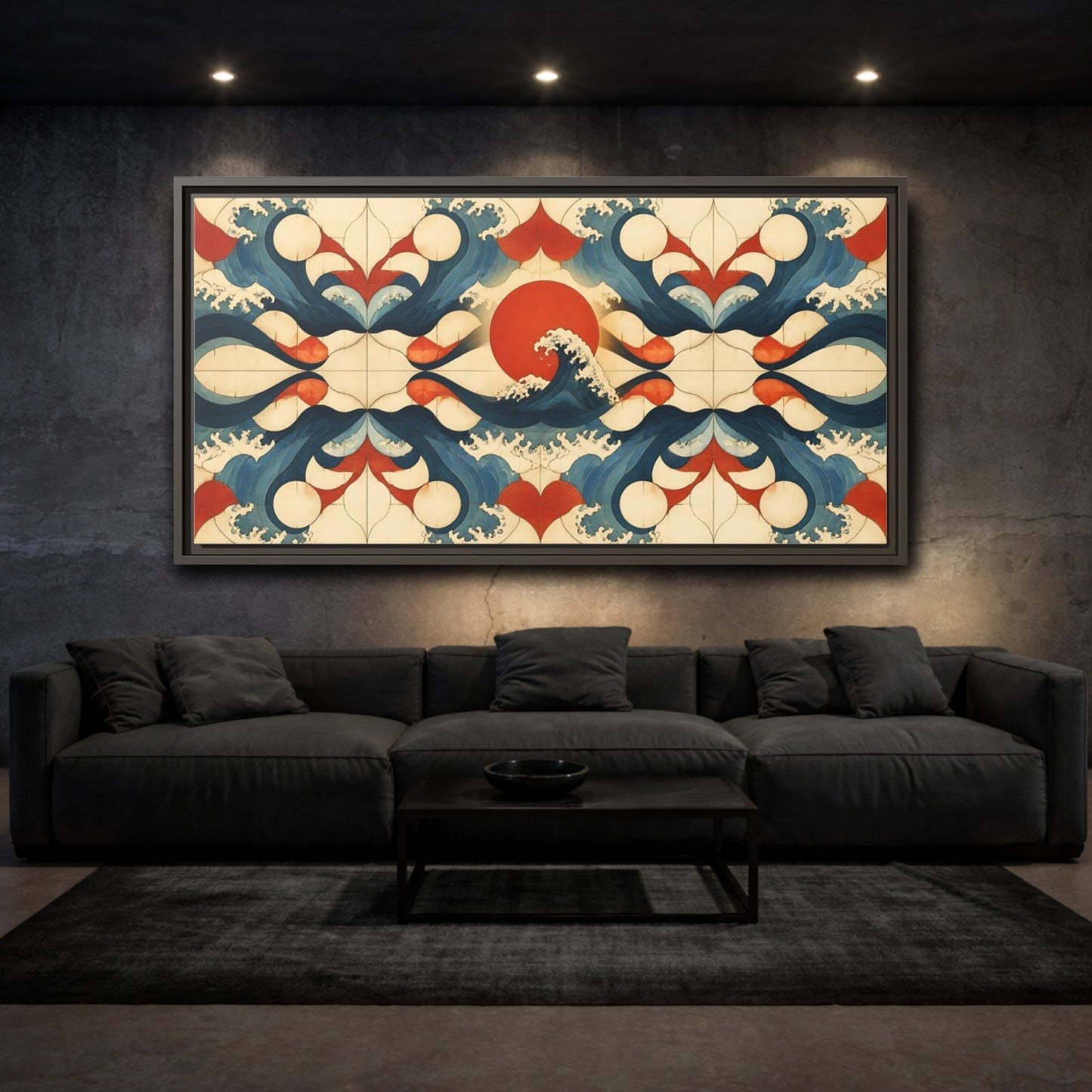 Mockup 3. Vermilion Sun And Waves shown as framed canvas print