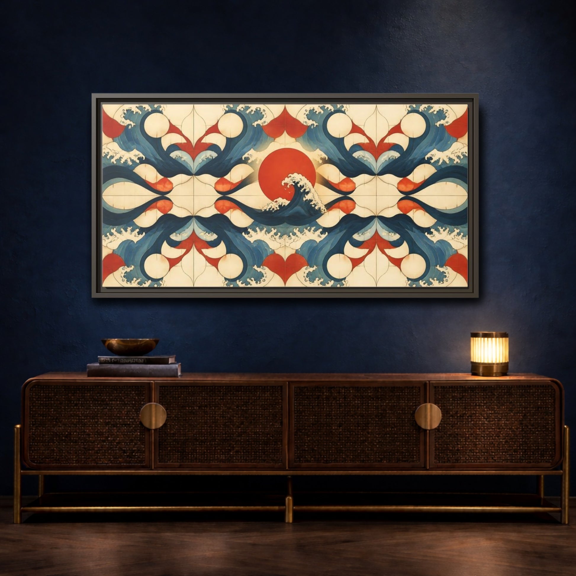 Mockup 4. Vermilion Sun And Waves shown as framed canvas print