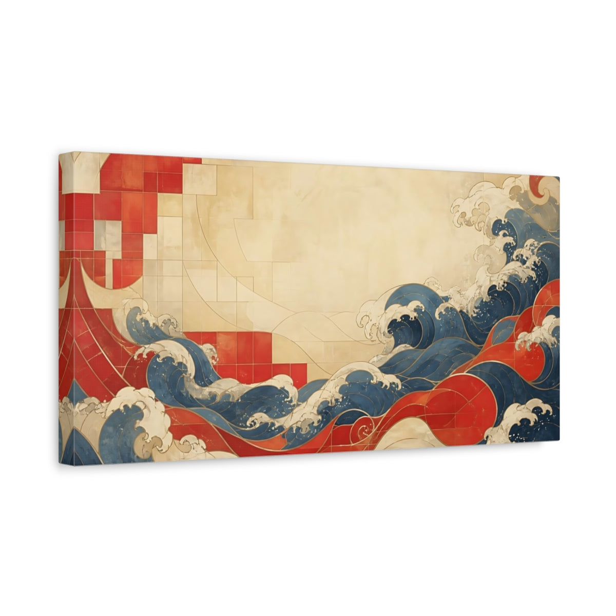 Side Mockup 3. Vermilion Tile Waves shown as canvas print