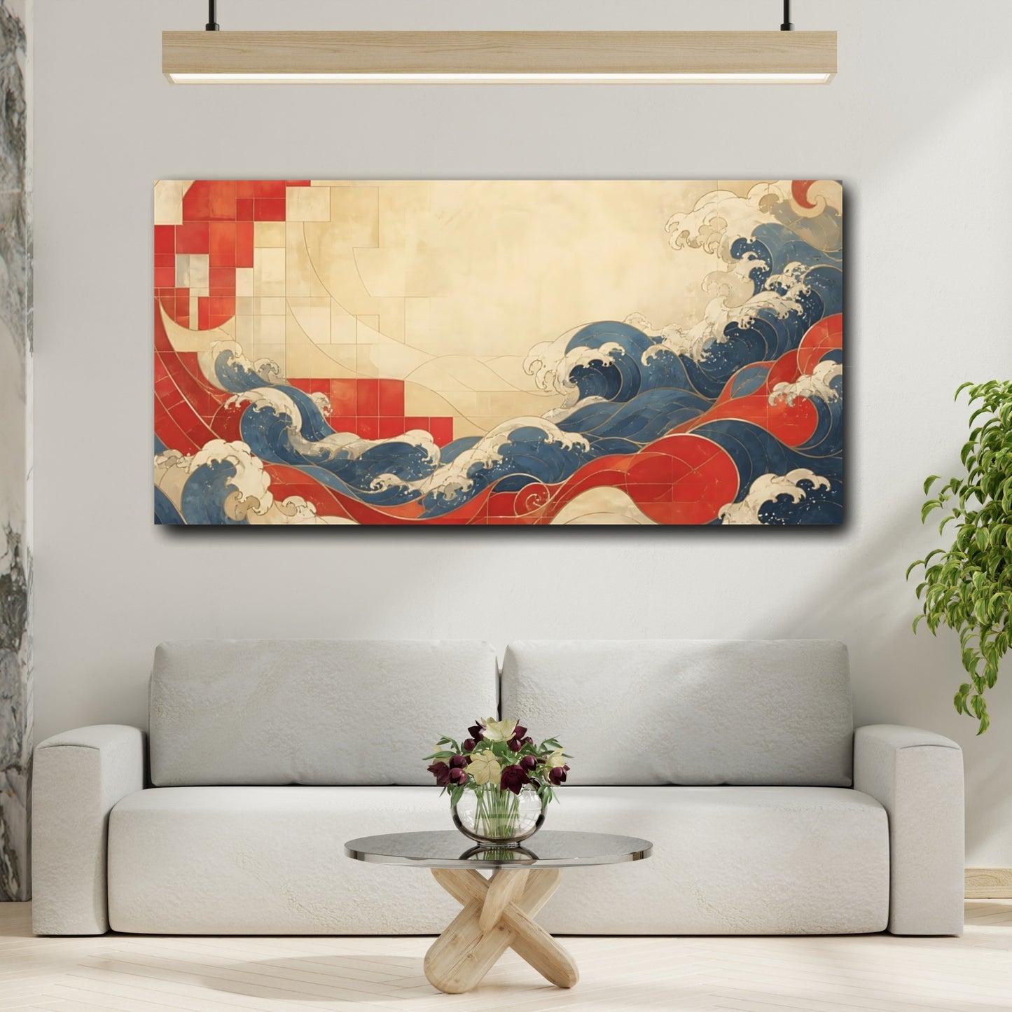Mockup 2. Vermilion Tile Waves shown as canvas print