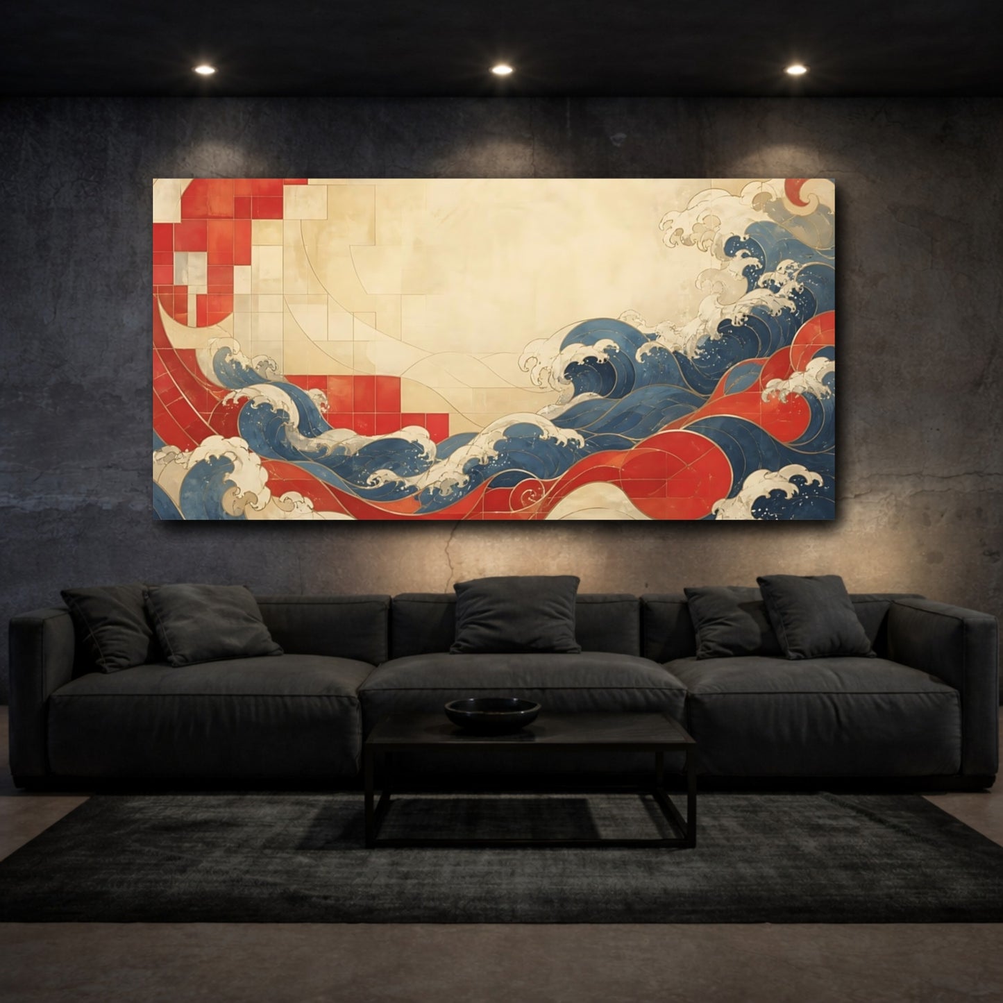 Mockup 3. Vermilion Tile Waves shown as canvas print
