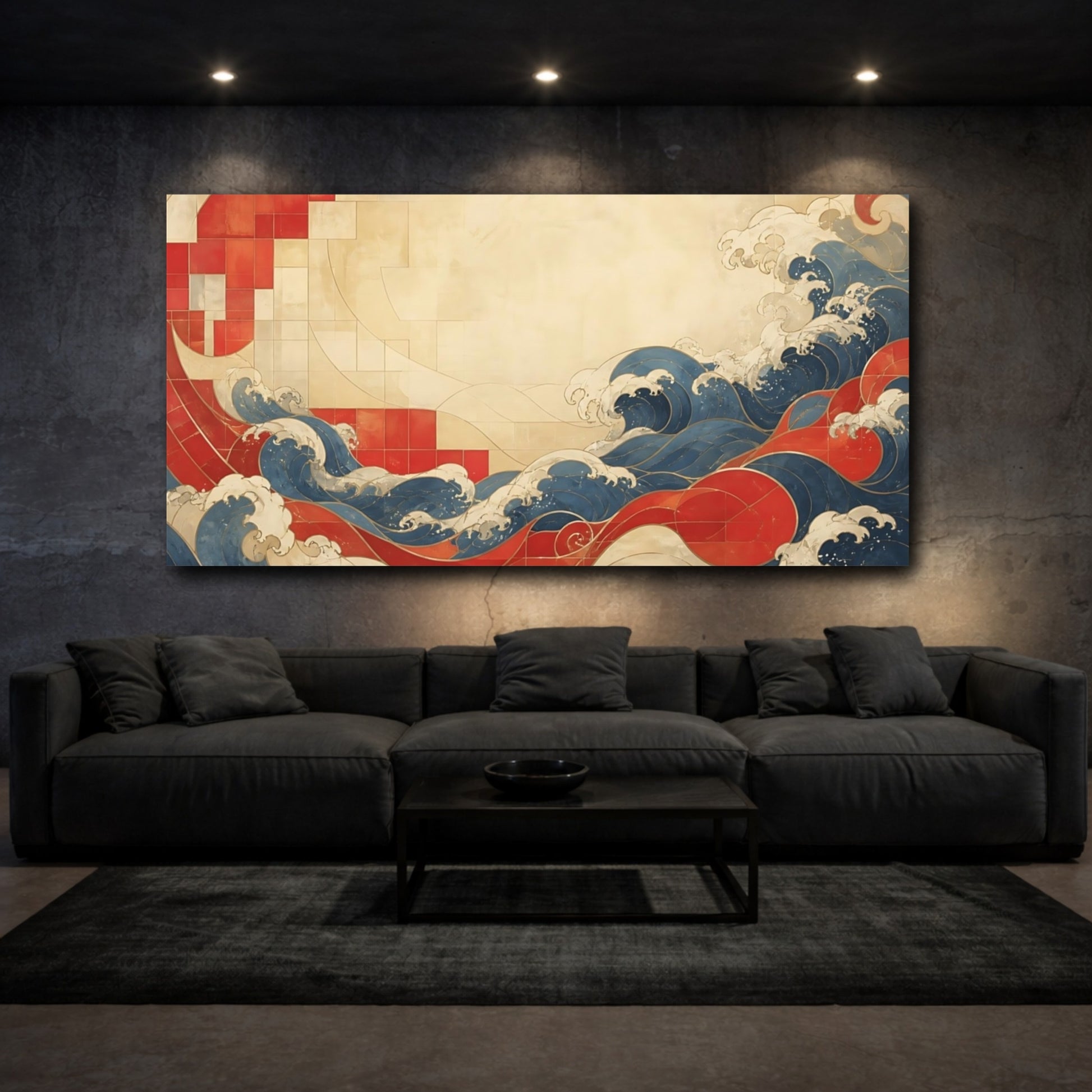 Mockup 3. Vermilion Tile Waves shown as canvas print