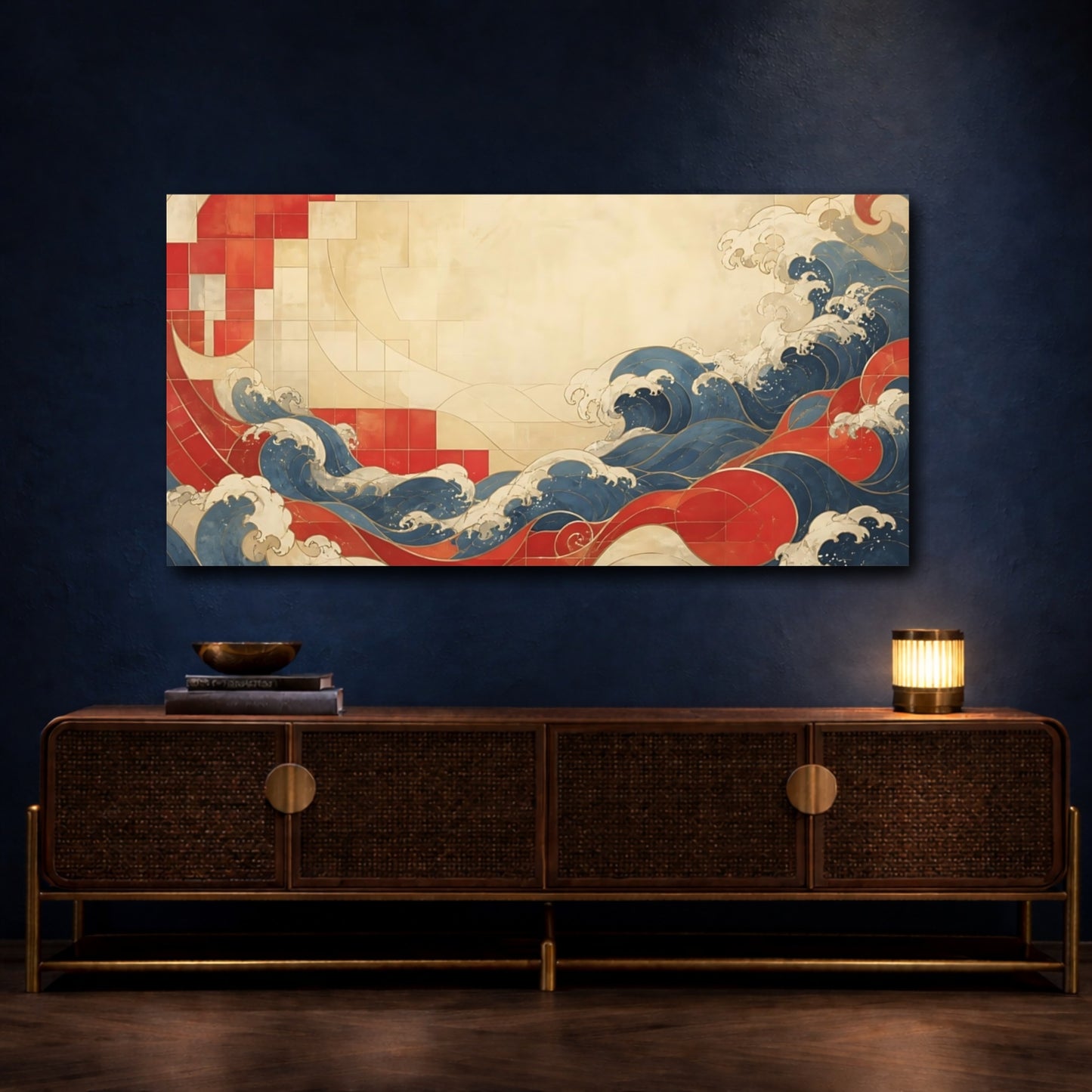Mockup 4. Vermilion Tile Waves shown as canvas print