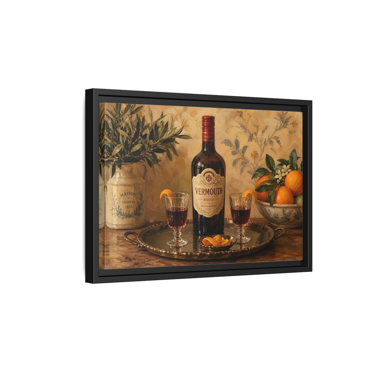 Side Mockup 6. Vermouth And Citrus Still Life shown as framed canvas print