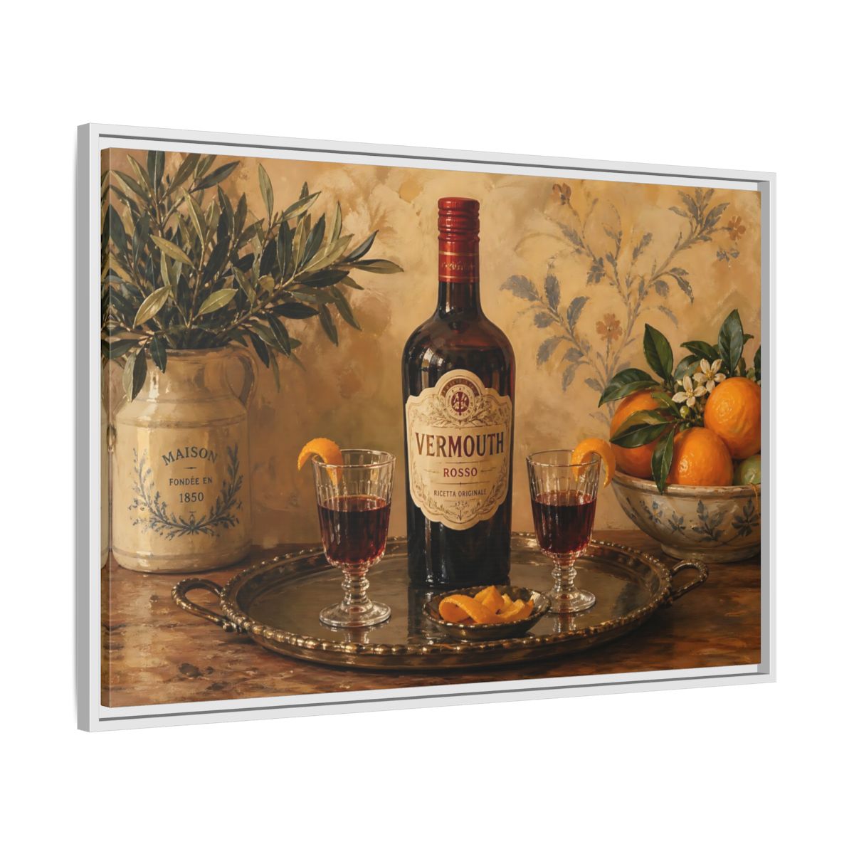 Side Mockup 9. Vermouth And Citrus Still Life shown as framed canvas print