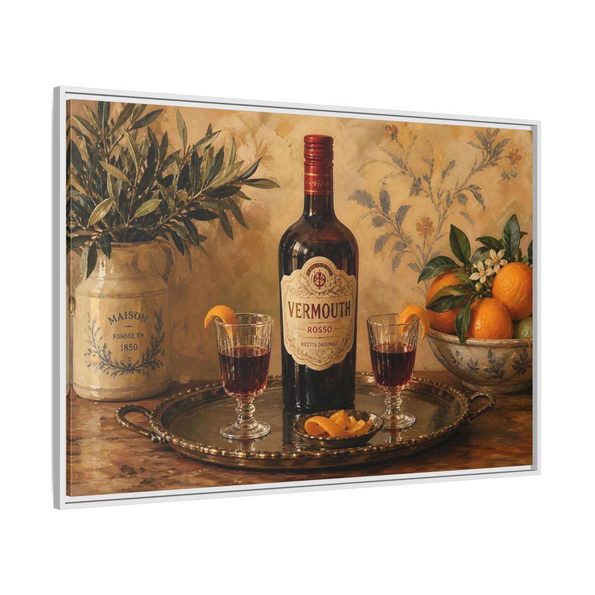 Side Mockup 7. Vermouth And Citrus Still Life shown as framed canvas print
