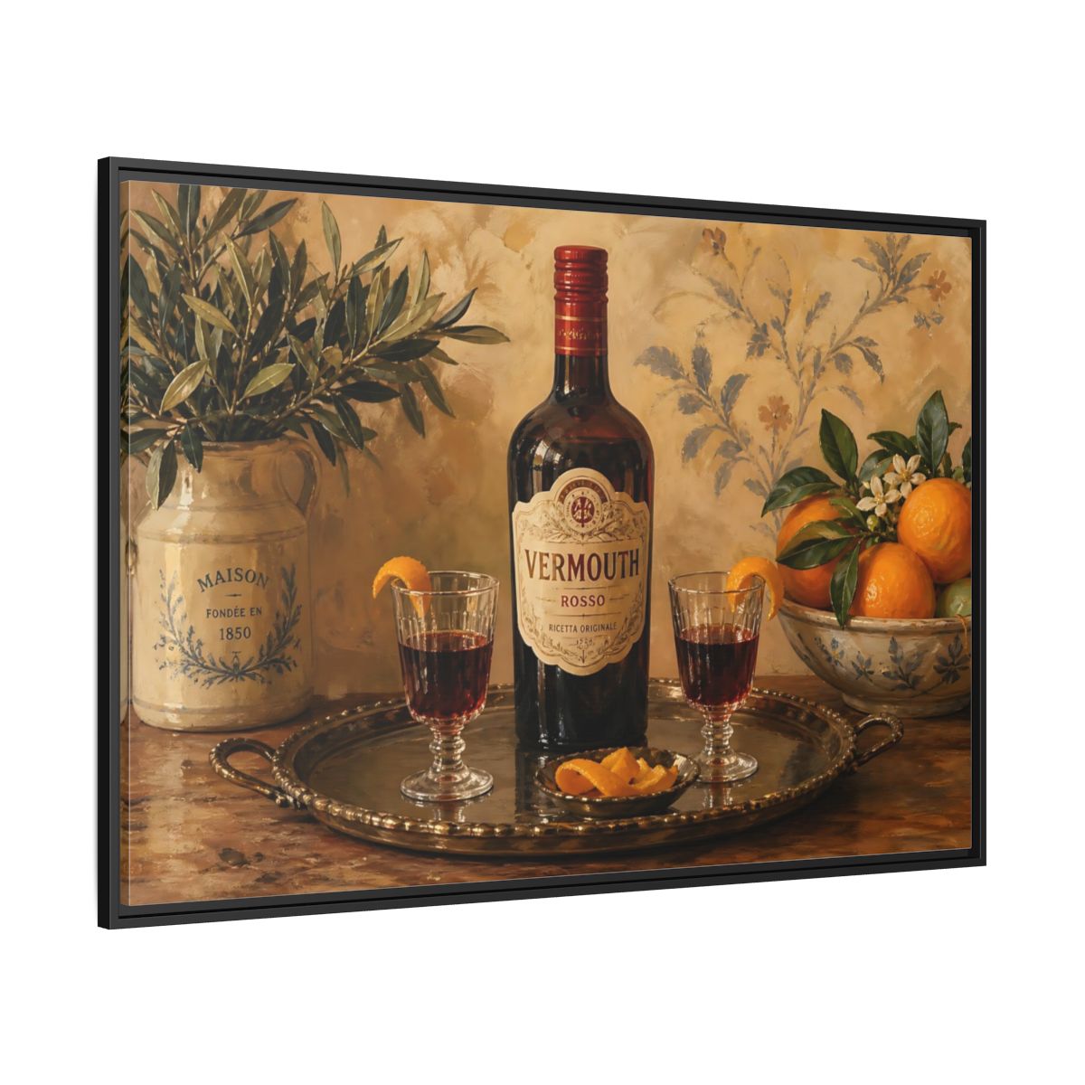 Side Mockup 12. Vermouth And Citrus Still Life shown as framed canvas print