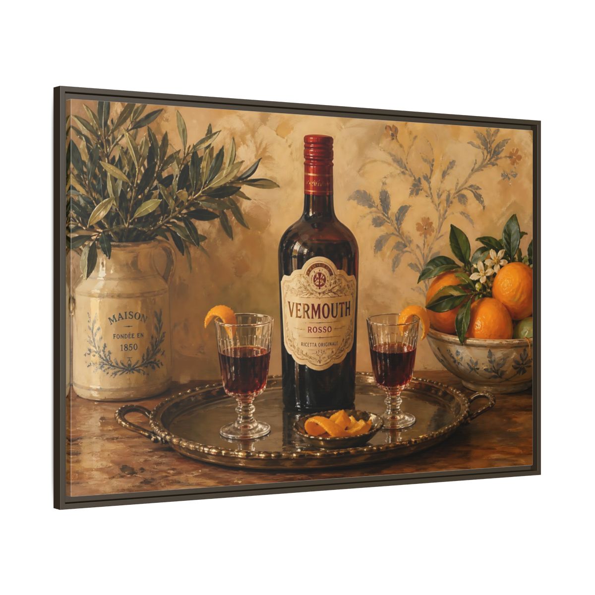 Side Mockup 8. Vermouth And Citrus Still Life shown as framed canvas print