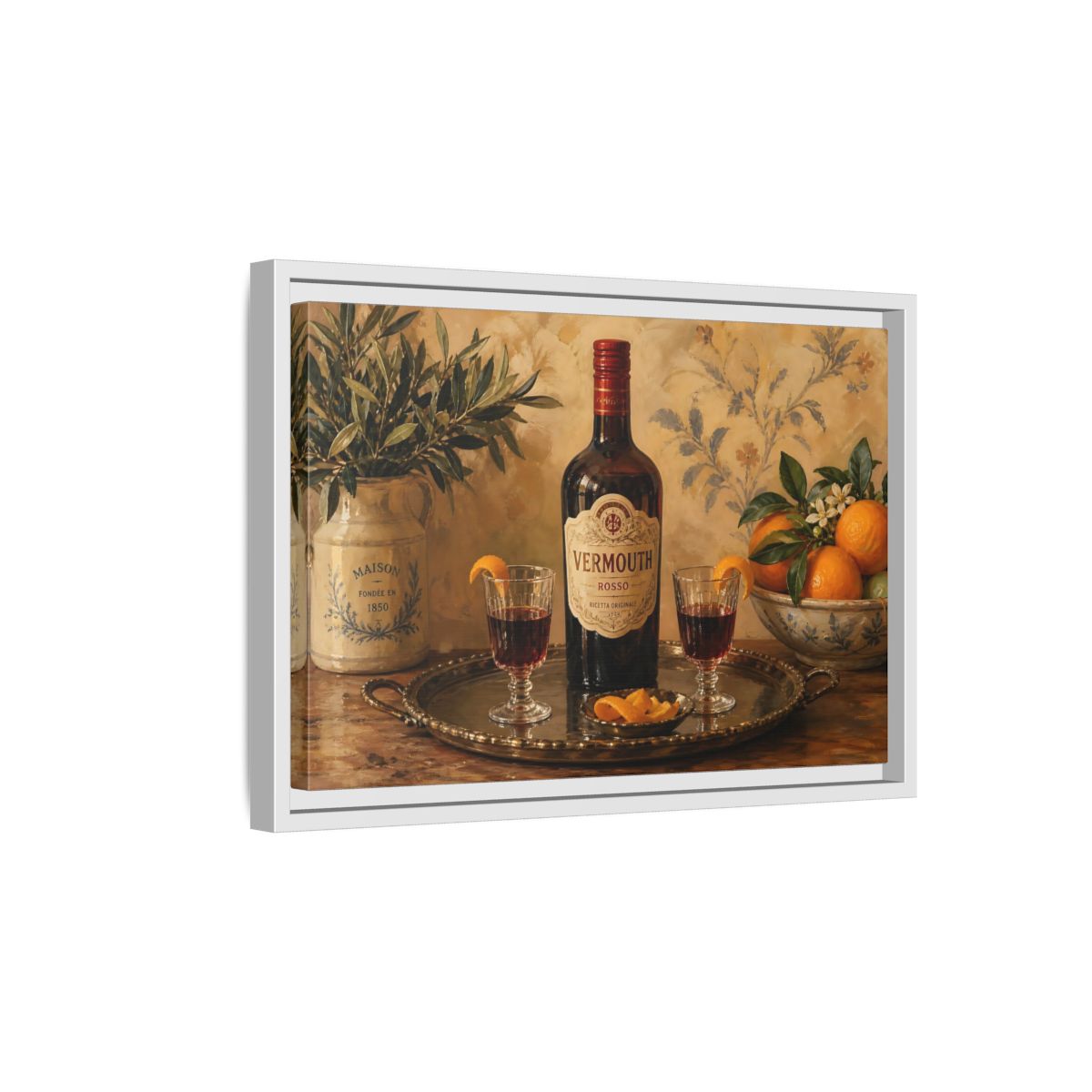 Side Mockup 4. Vermouth And Citrus Still Life shown as framed canvas print