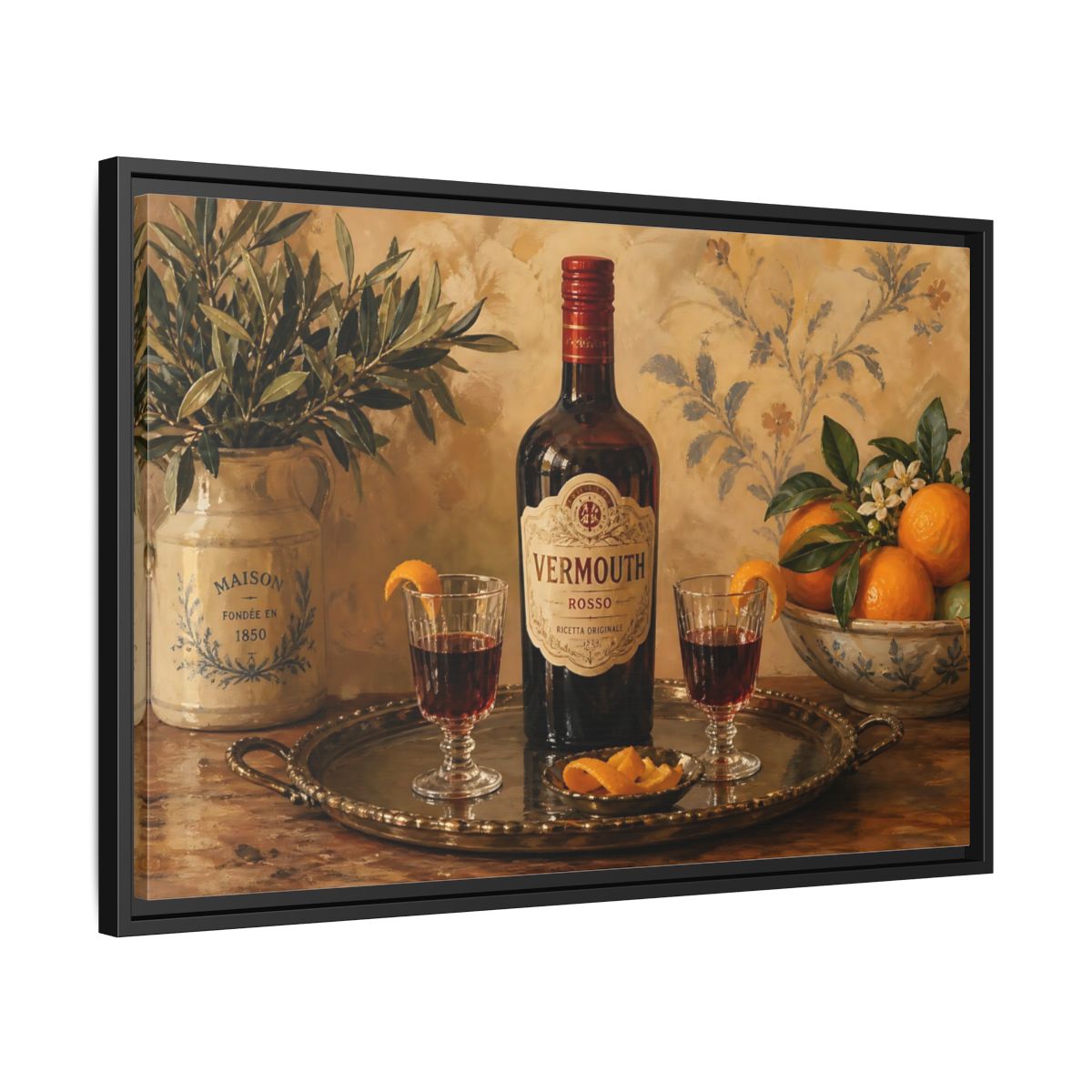 Side Mockup 14. Vermouth And Citrus Still Life shown as framed canvas print
